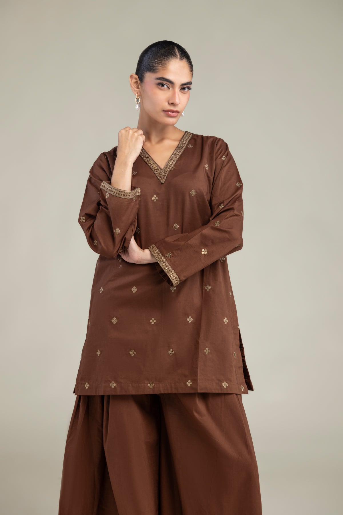 Embroidered Cambric Brown V-Neck Kurta - 1-26-102-A-F-VG