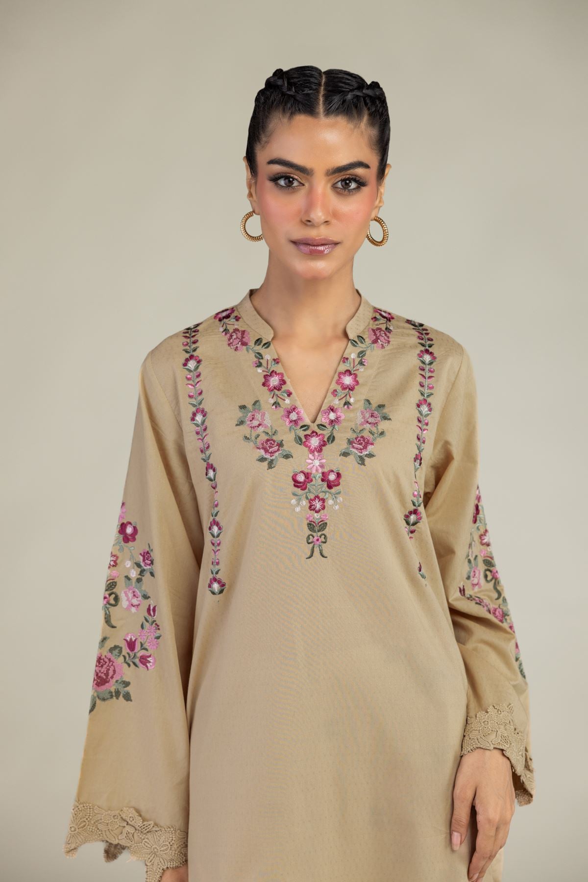 Embroidered Cotton Dobby Floral Longline Kurta - 25-10-12E5-04TB-VG