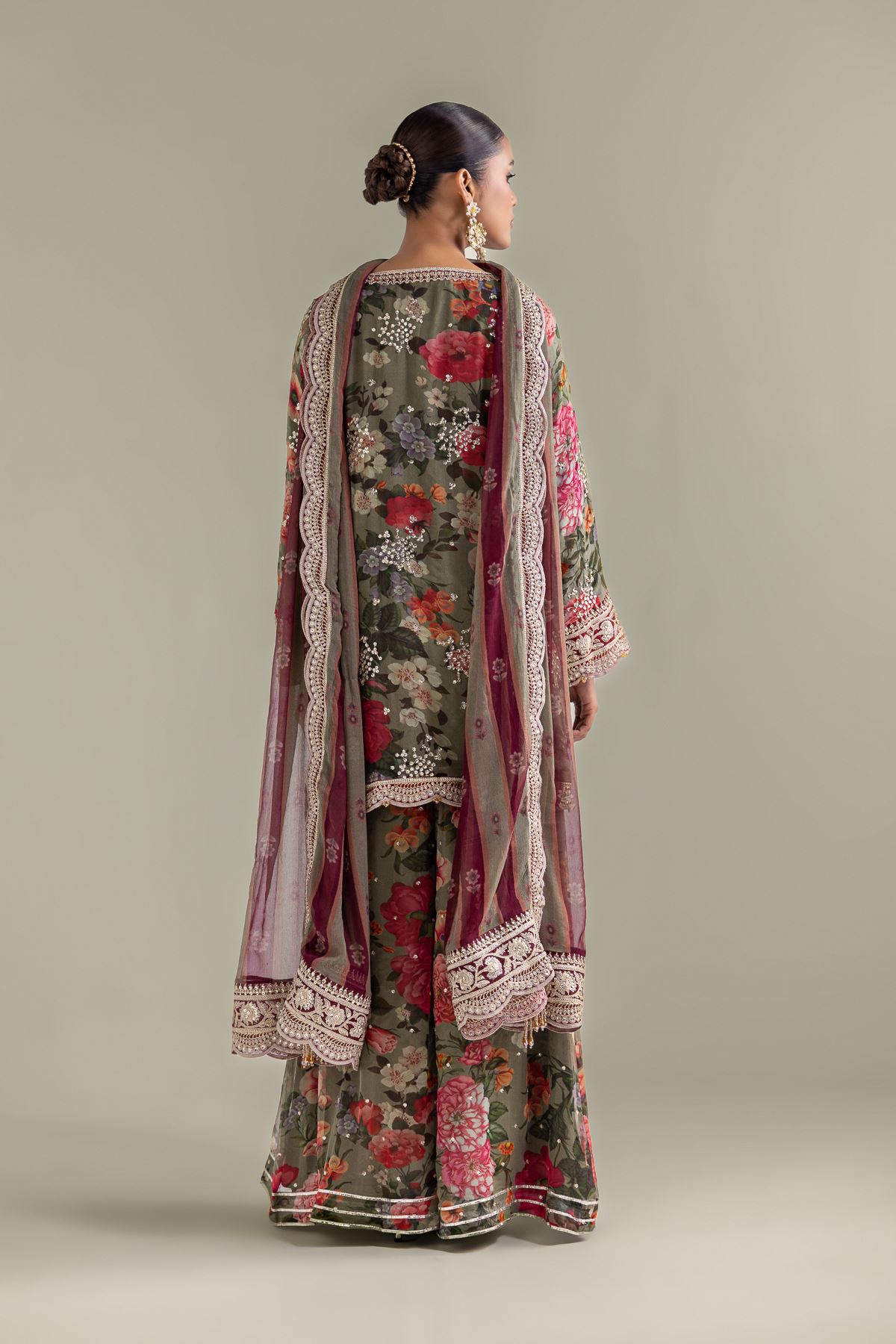 Embroidered Chiffon Floral 3-Piece Co-ords - 12-26-101-E-G-VG
