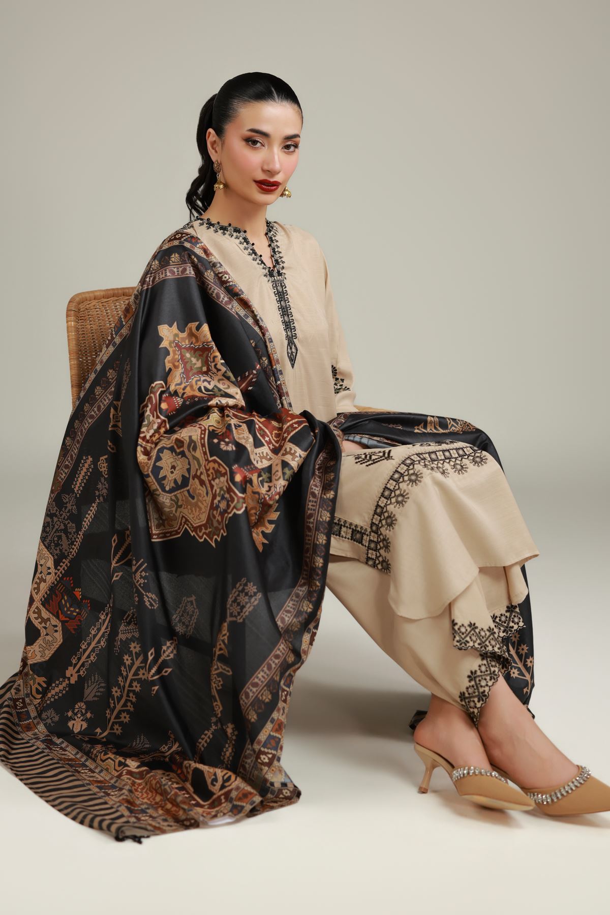 Embroidered Polyester Silk Black Printed Dupatta - 2-26-106-A-E-VG