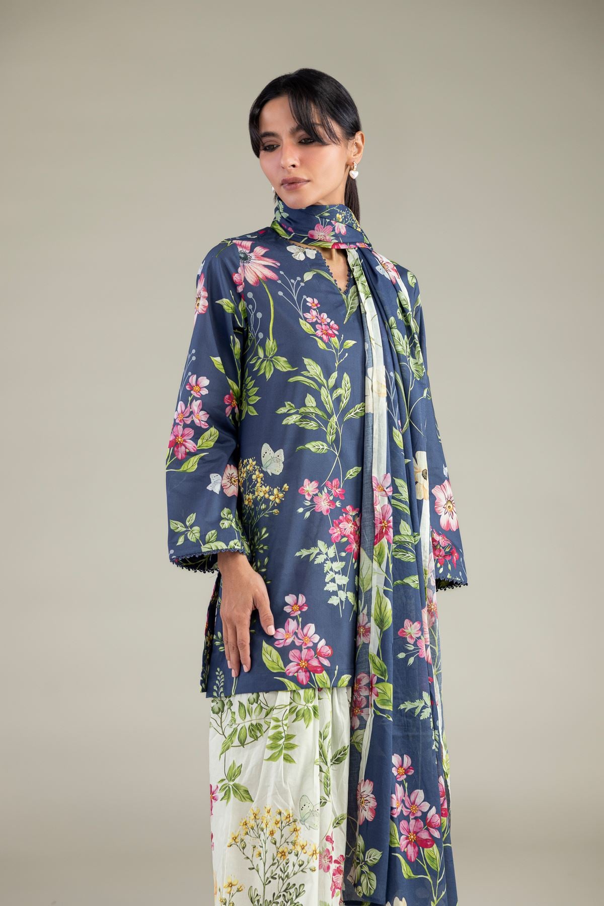 Printed Cambric Short Navy Kurta - 1-26-332-C-A2-VG