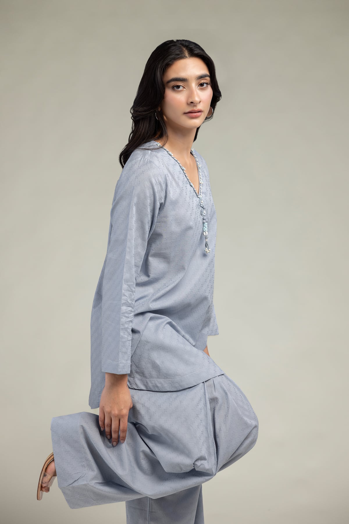 Dyed Cotton Dobby V-Neck Cotton Kurta - 1-26-244-A-D1-VG