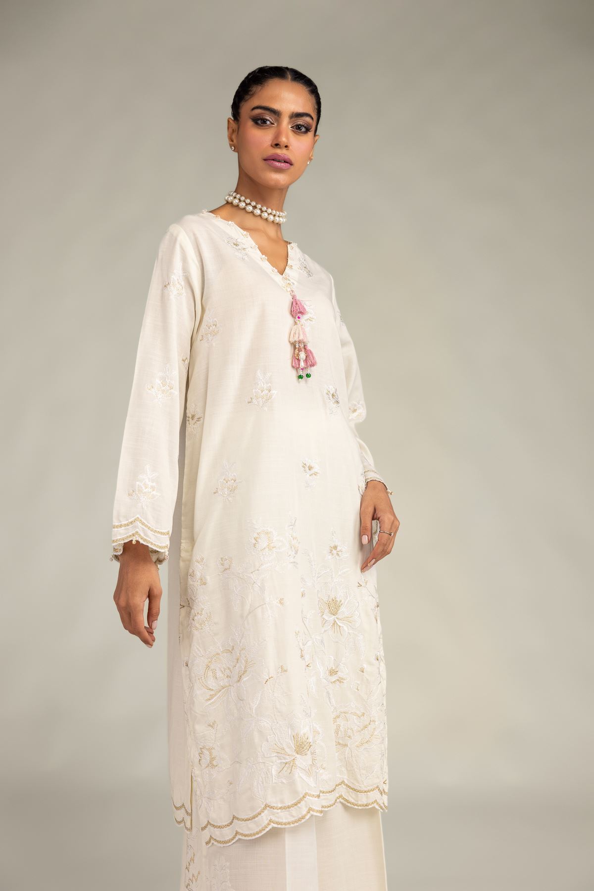 Embroidered Raw Silk Floral Longline Kurta - 1-26-322-B-A1-VG