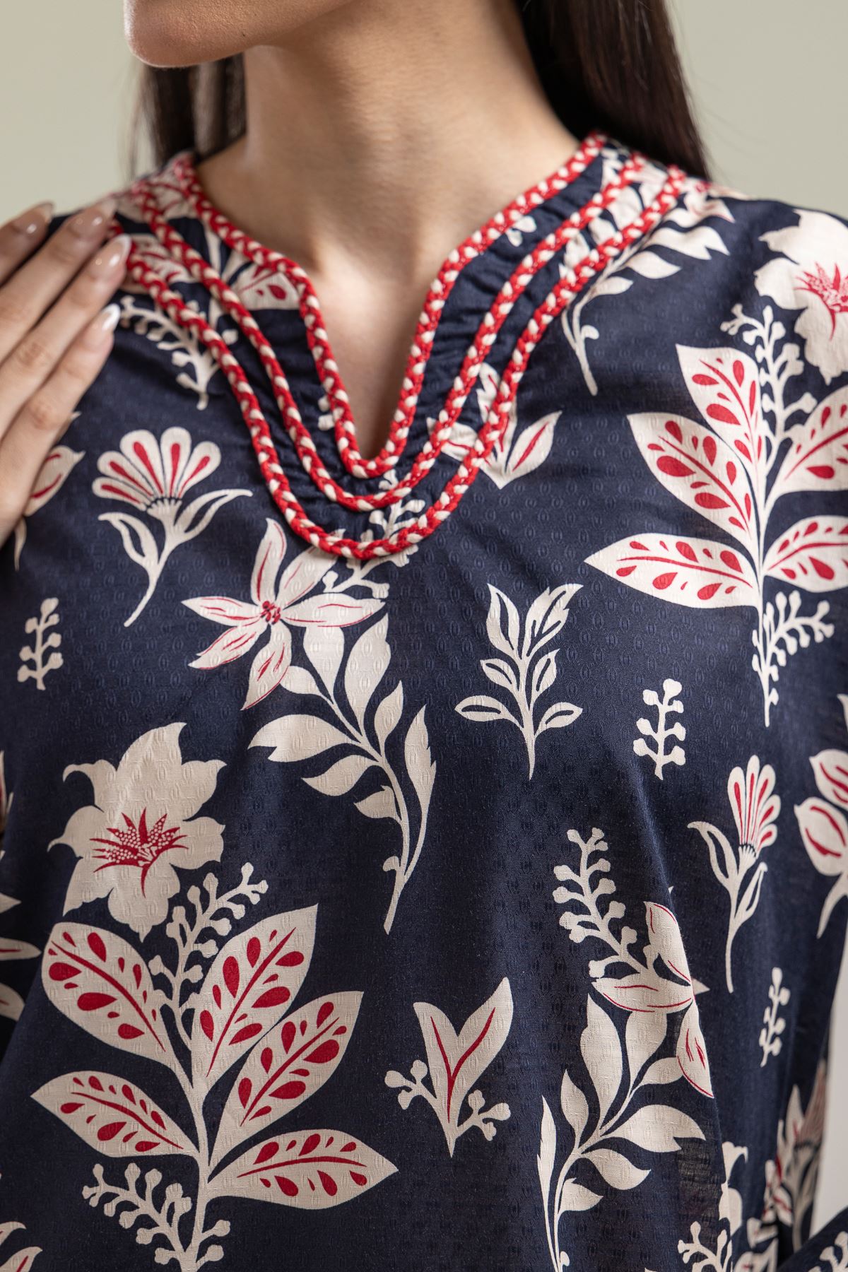 Printed Cotton Dobby V-Neck Navy Kurta - 1-26-204-A-H1-VG