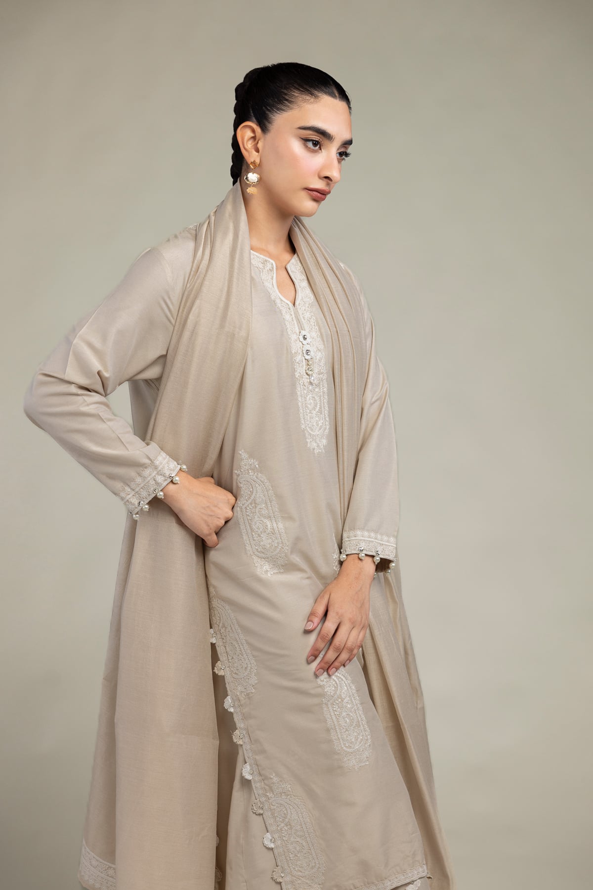 Embroidered Raw Silk Paisley Beige Kurta - 1-26-303-C-A1-VG