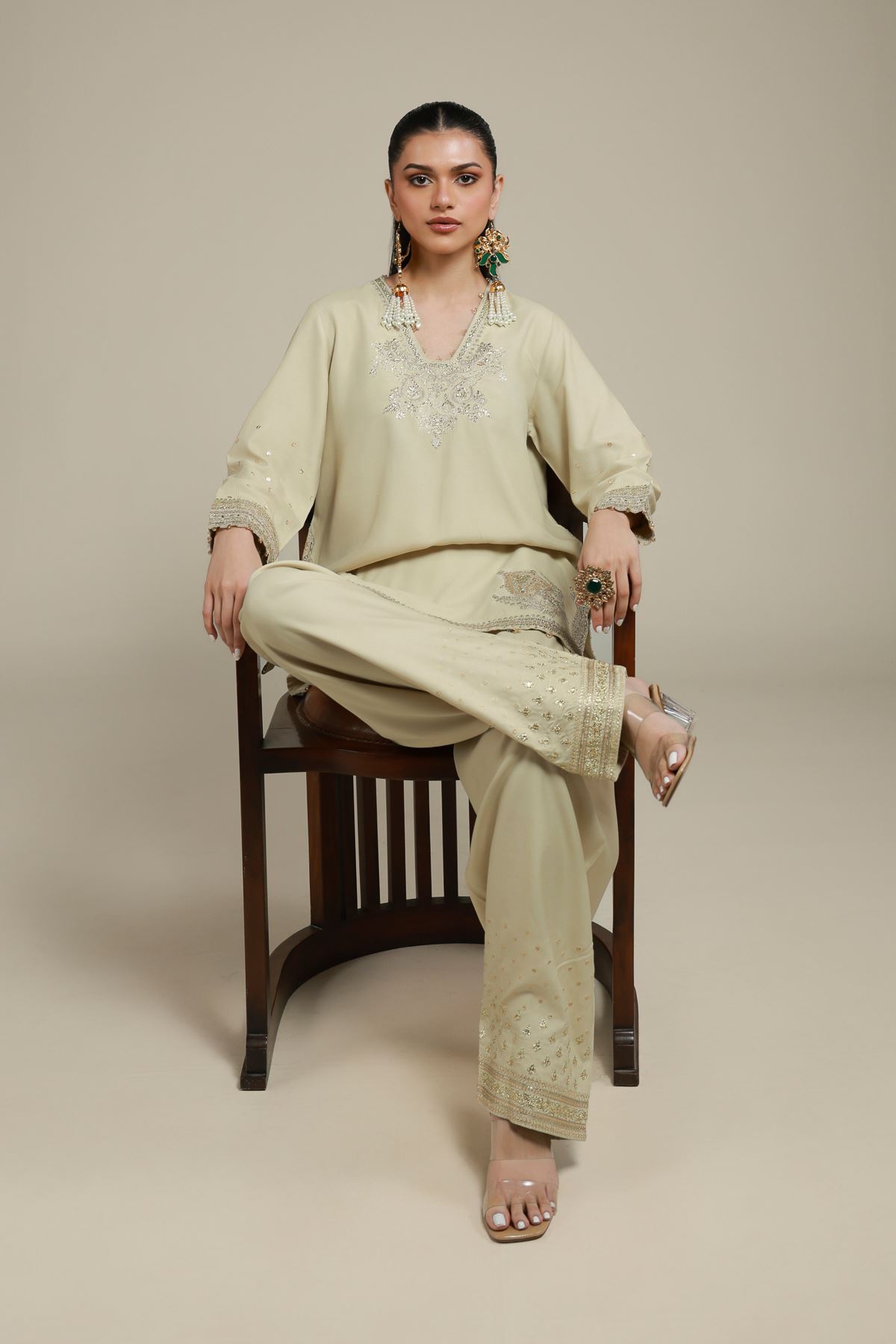 Embroidered Raw Silk 2 Piece Co-ord Set | Top and Bottom - A33-26-106FC-VG