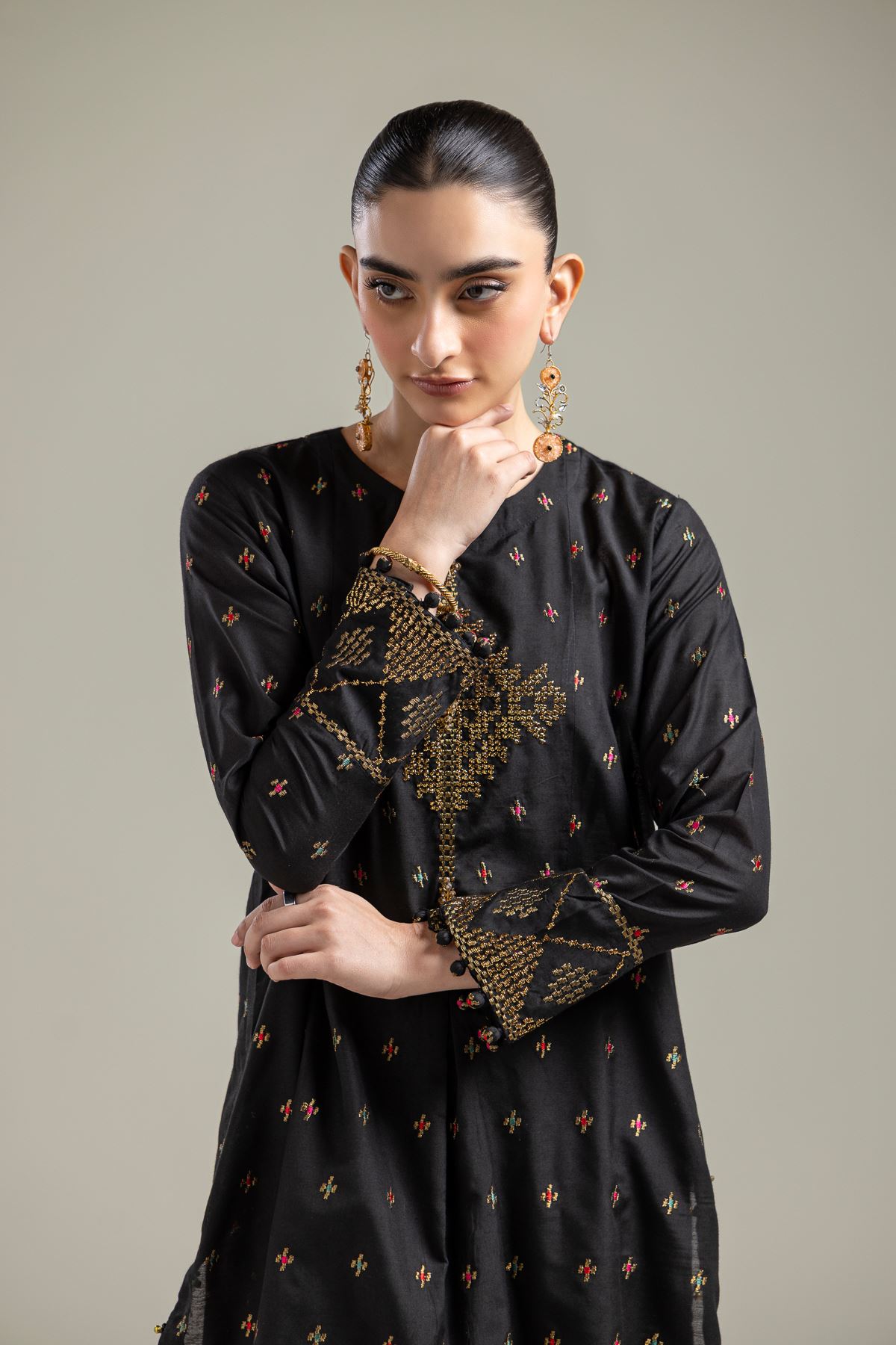 Raw Silk Short Black Kurta - 2-26-107-A-F-VG