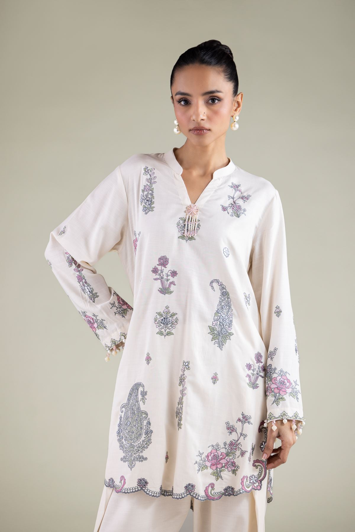 Embroidered Raw Silk Paisley Pearl Kurta - 2-26-105-A-D-VG