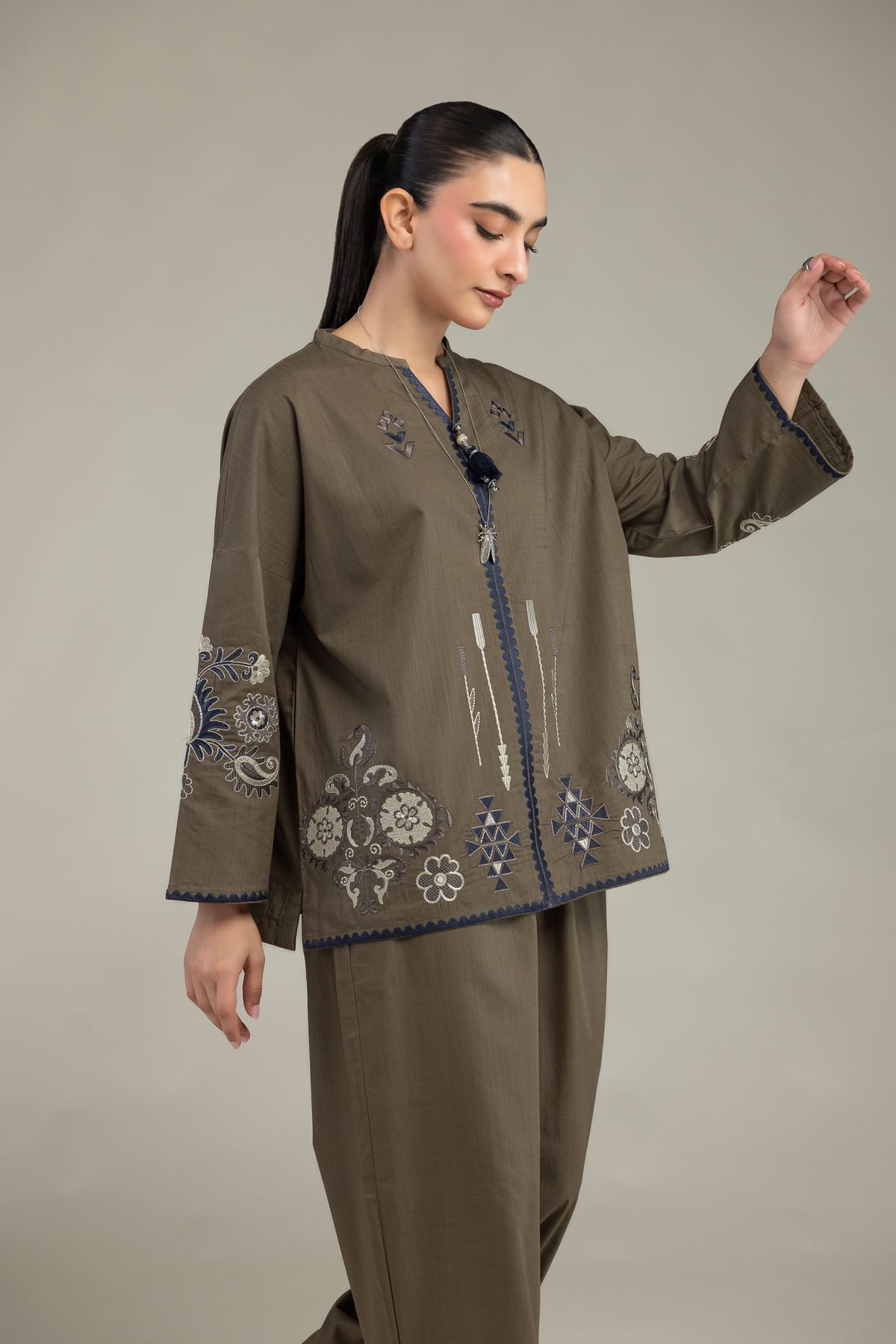 Embroidered Textured Cotton Floral Olive Blouse - 6-26-204-A-D2-VG