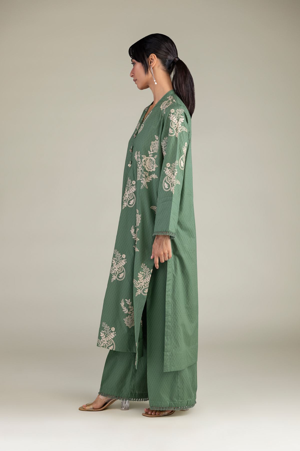 Embroidered Cotton Dobby Solid Green Pants - 1-26-102-A-F-VG