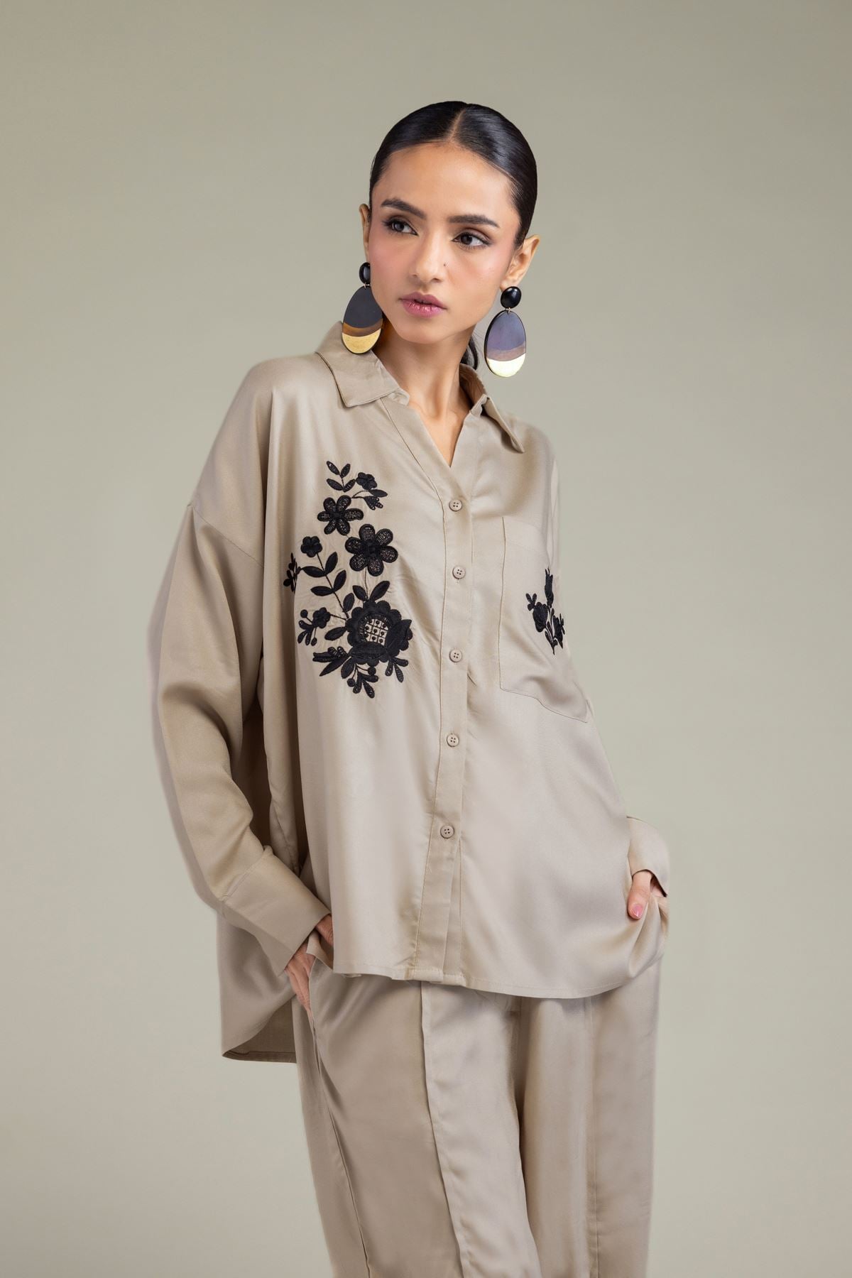 Embroidered Viscose Crepe Floral V-Neck Shirt - 6-26-202-A-D1-VG