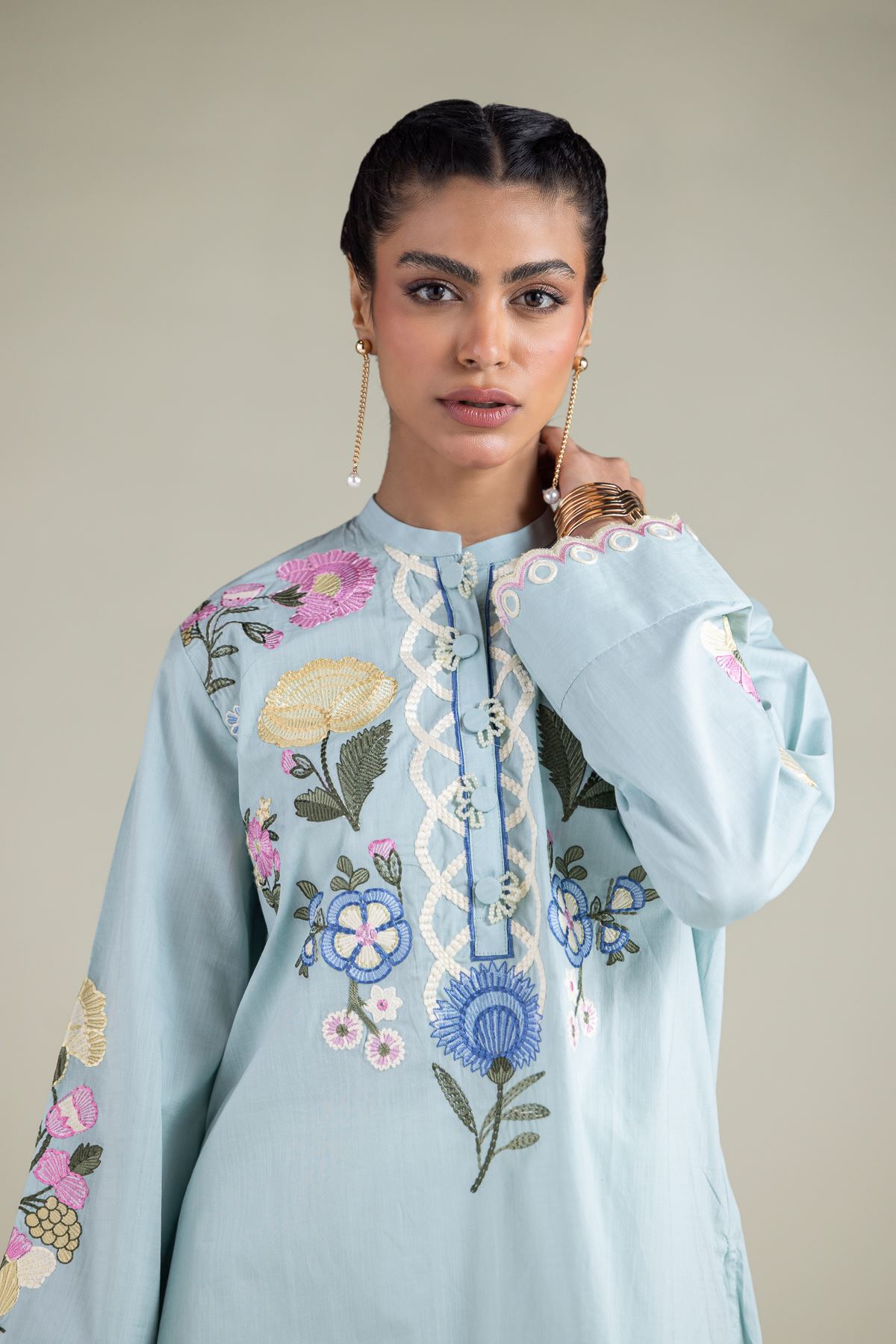 Embroidered Textured Cotton Floral Band Collar Kurta - 1-26-103-A-A-VG