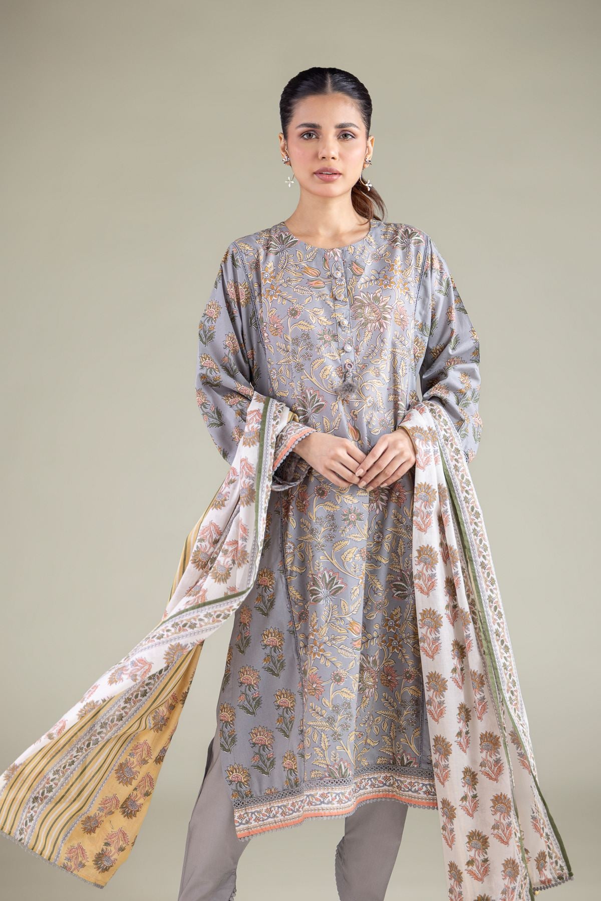 Printed Cambric Floral Longline Kurta - 1-26-144-B-A-VG