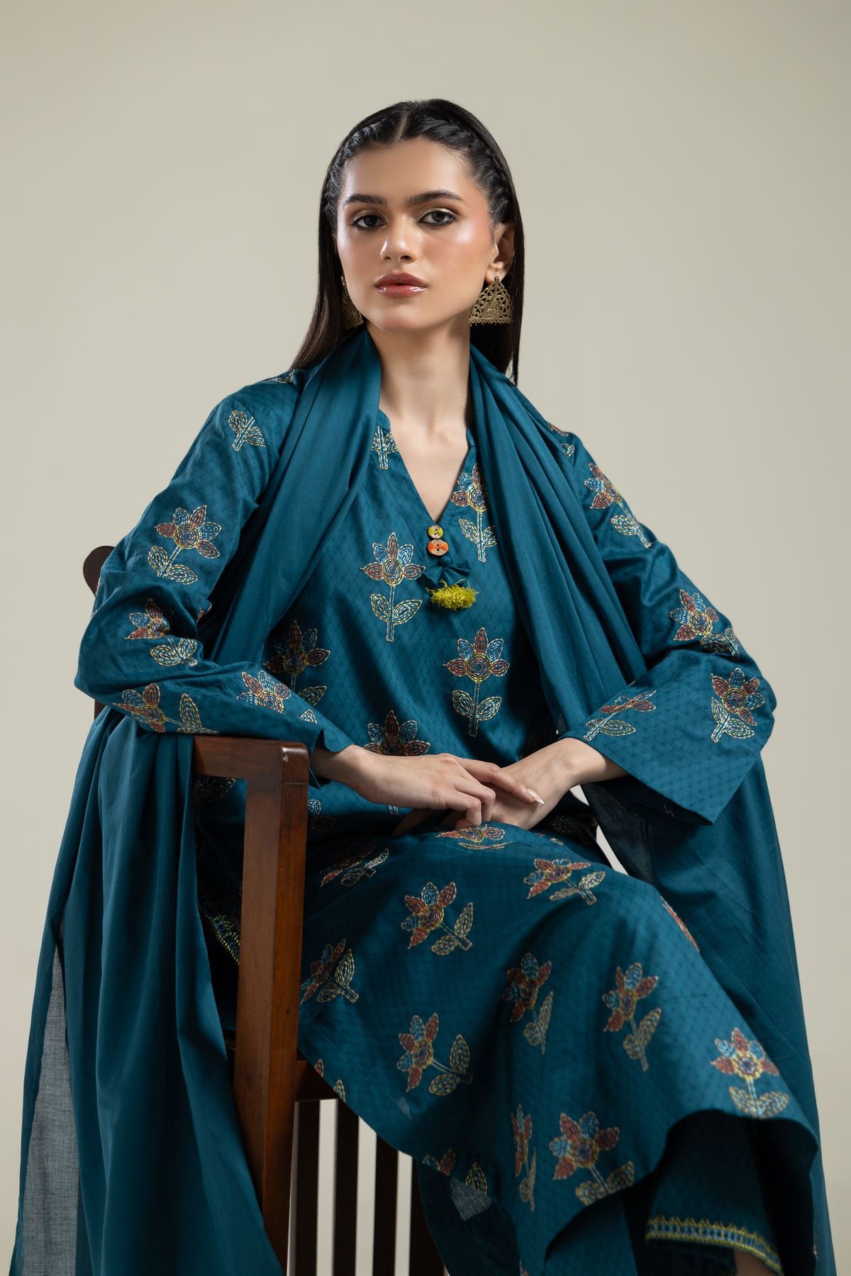 Embroidered Cotton Dobby Floral Teal Kurta - 2-26-109-A-H-VG