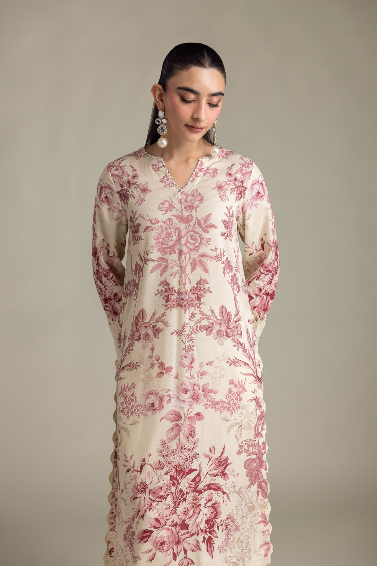 Printed Raw Silk Longline Silk Kurta - 1-26-415-A-A1-VG