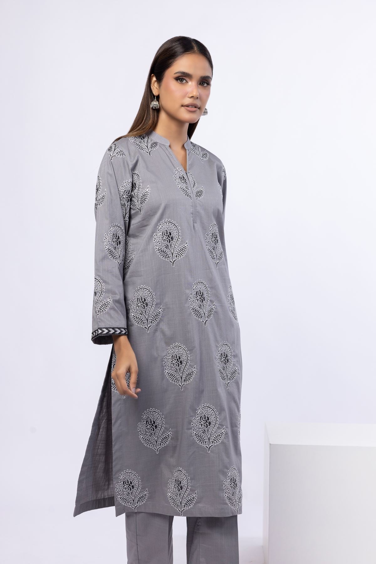 Embroidered Crosshatch Poplin Kurta - 25-W02iB-02TA-VG