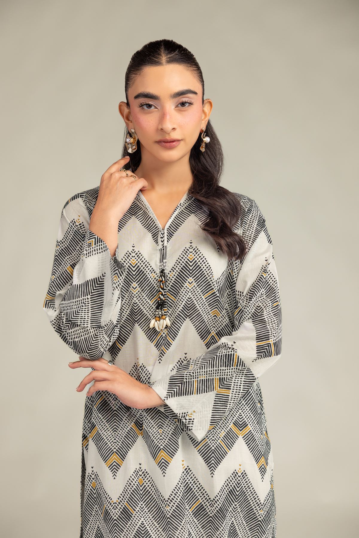 Printed Cambric Geometric Longline Kurta - 1-26-322-B-A1-VG