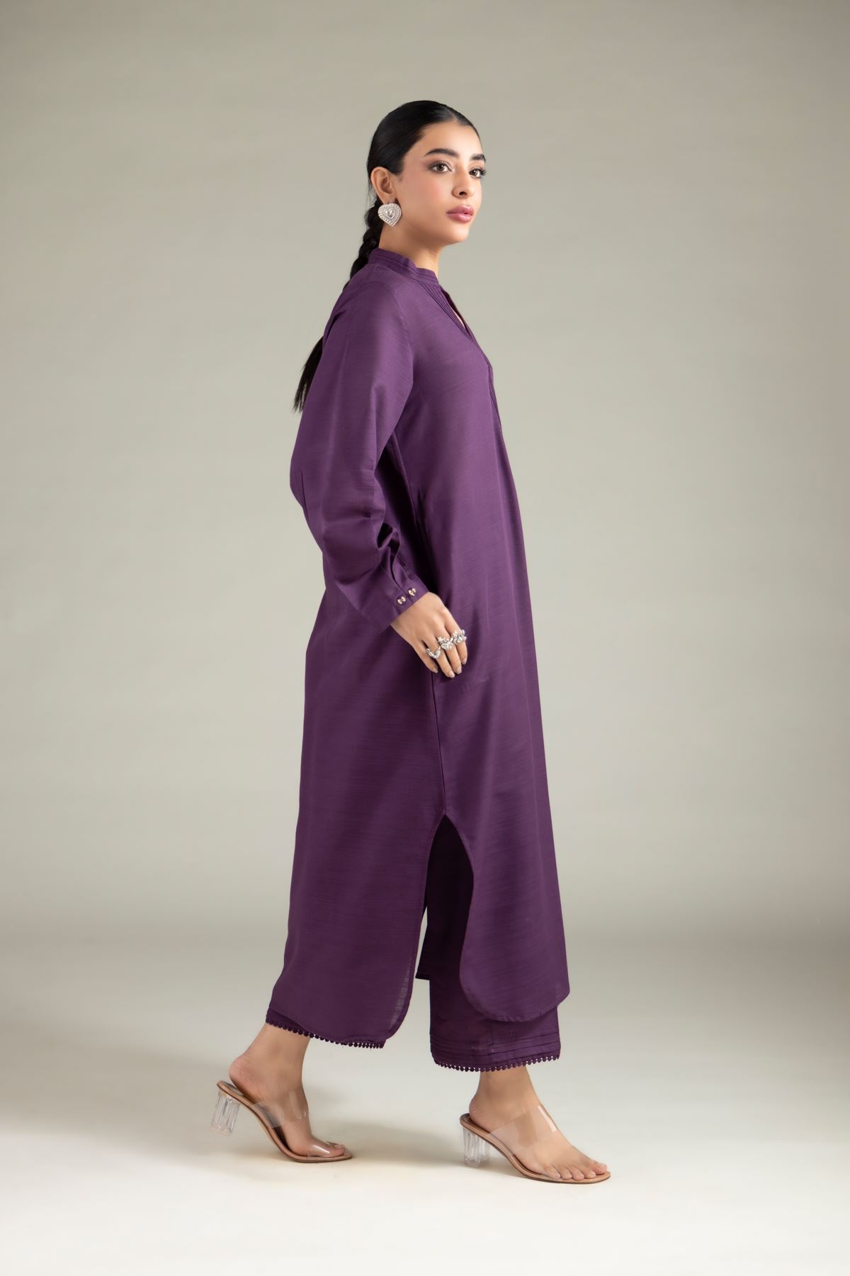 Dyed Textured Cotton Long V-Neck Kurta - 1-26-129-A-E-VG