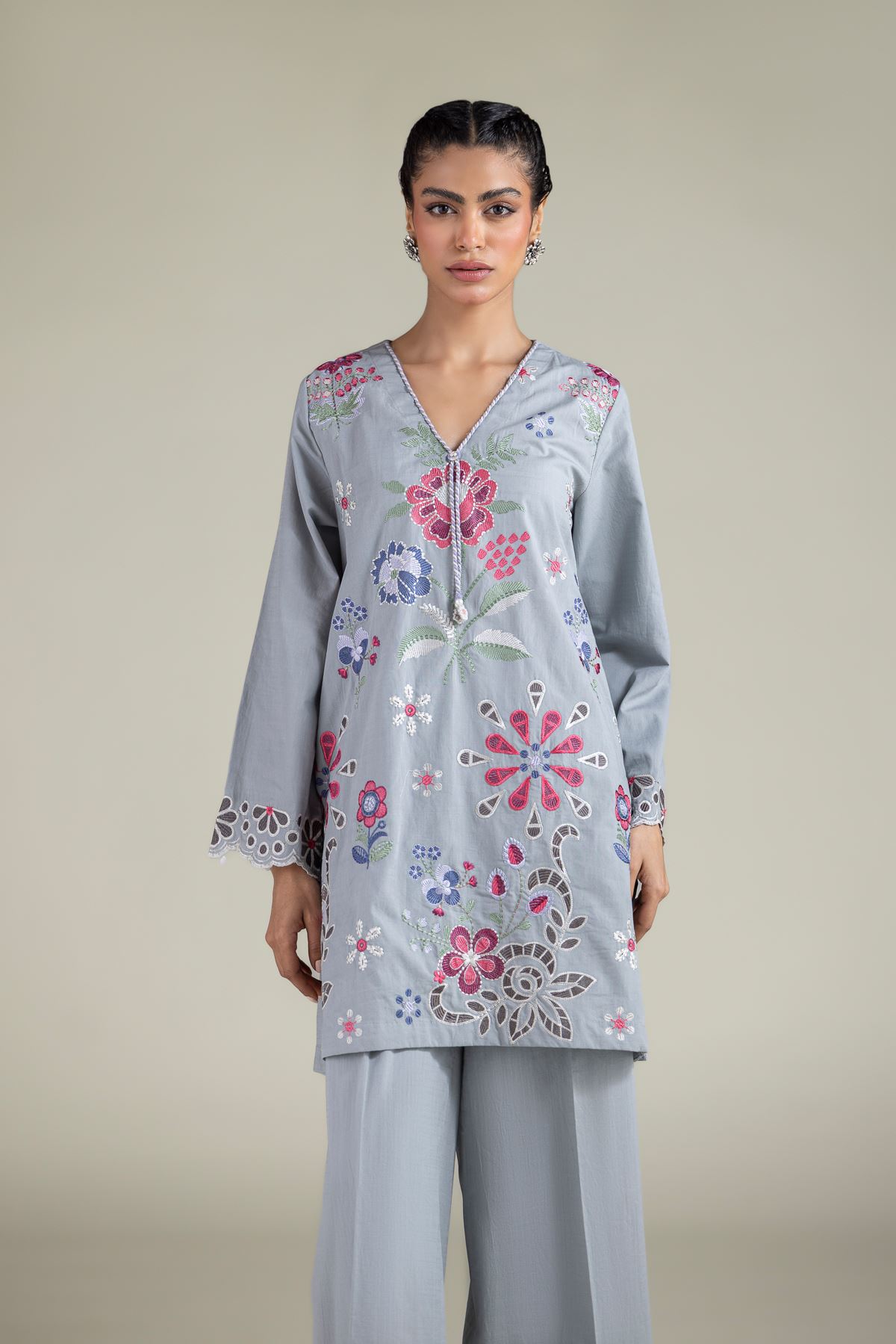 Embroidered Textured Cotton Floral V-Neck Kurta - 1-26-129-A-D-VG