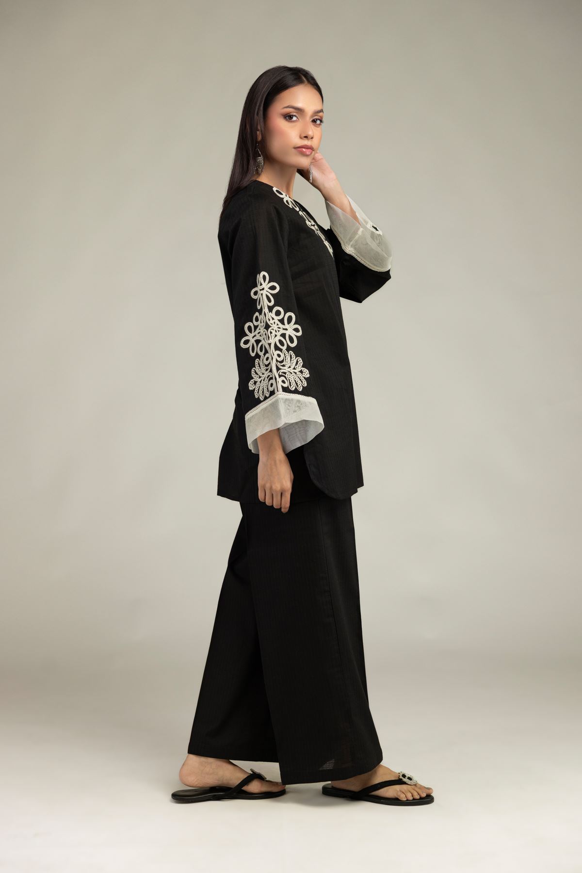 Embroidered Cotton Dobby Black Cotton Pants - 1-26-245-A-D2-VG