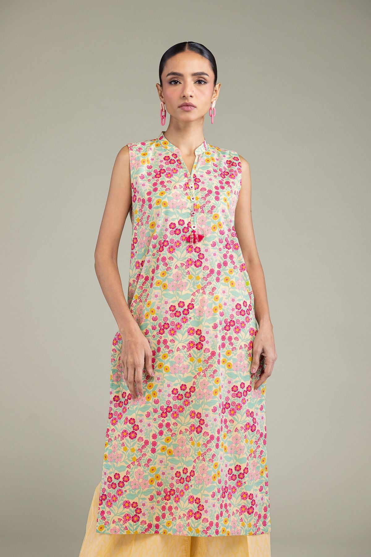 Printed Cambric Long Sleeveless Kurta - T-A11-26-113FA1-VG