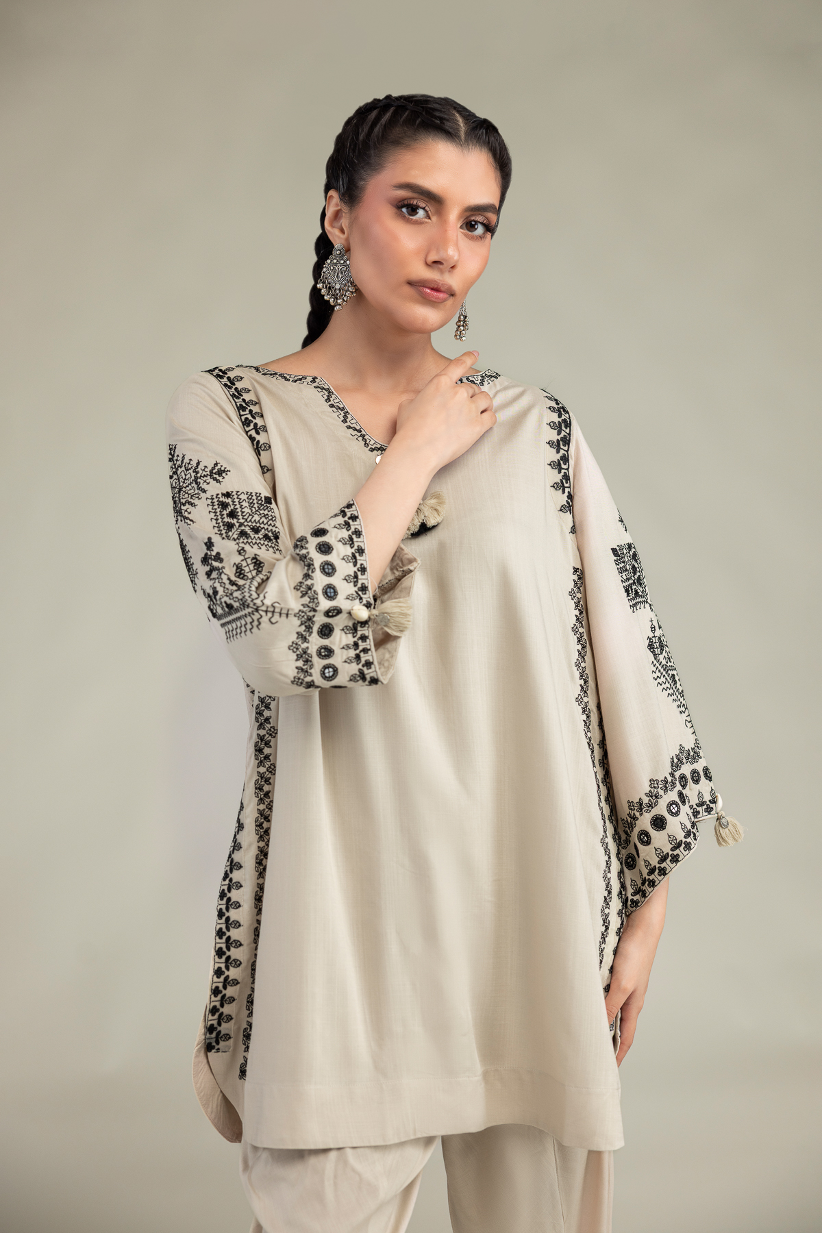 Embroidered Raw Silk Short Beige Kurta - 1-26-309-B-D1-VG