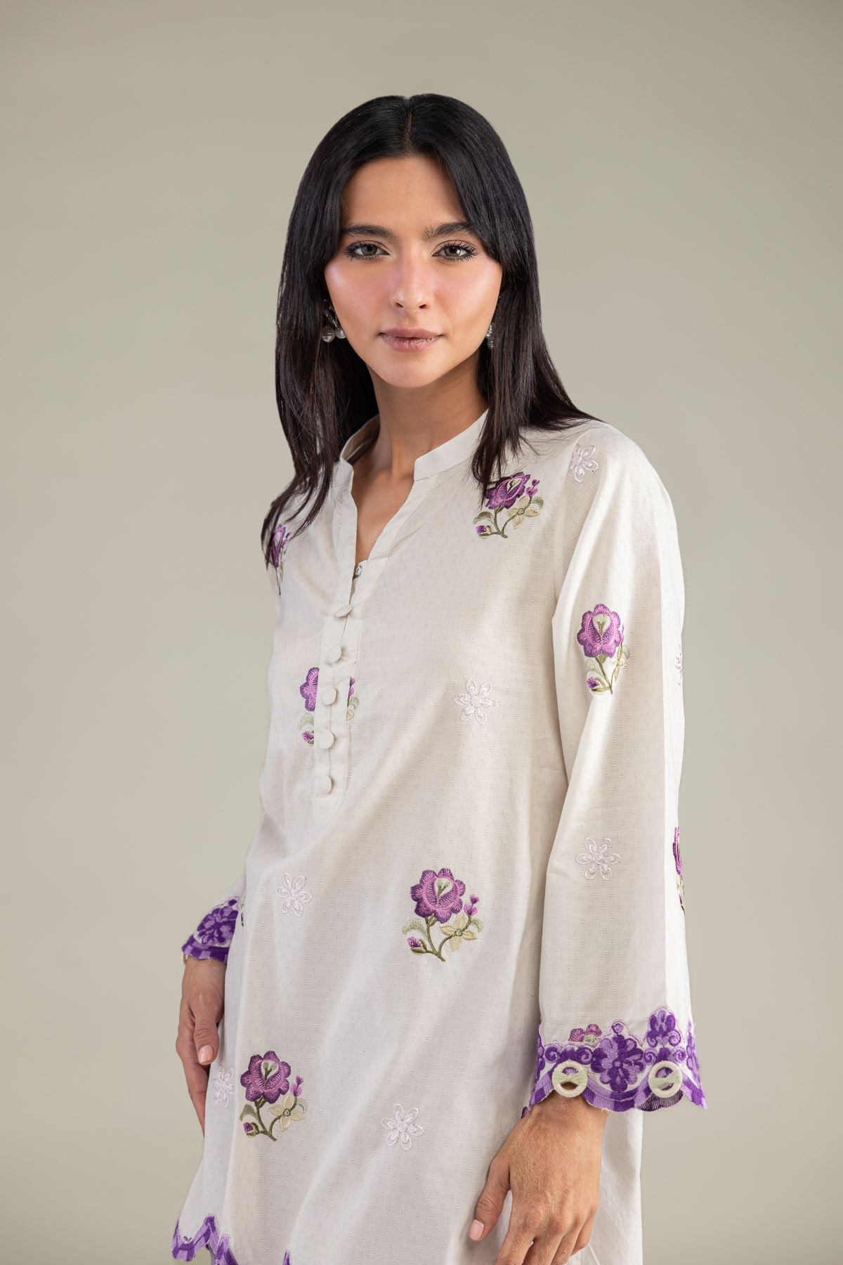 Embroidered Cotton Dobby Floral V-Neck Kurta - 1-26-322-B-A1-VG
