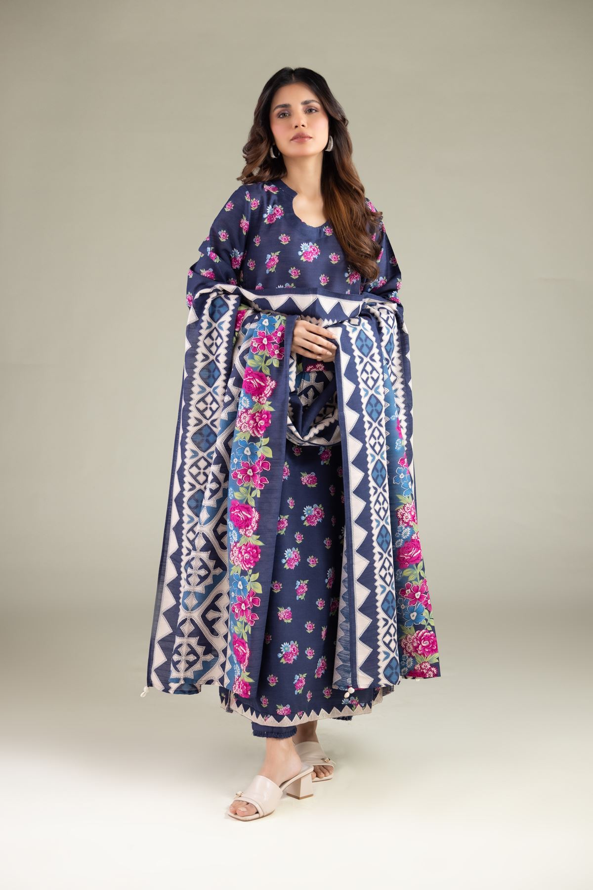 Embroidered Textured Cotton Floral Longline Kurta - 1-26-130-A-B-VG