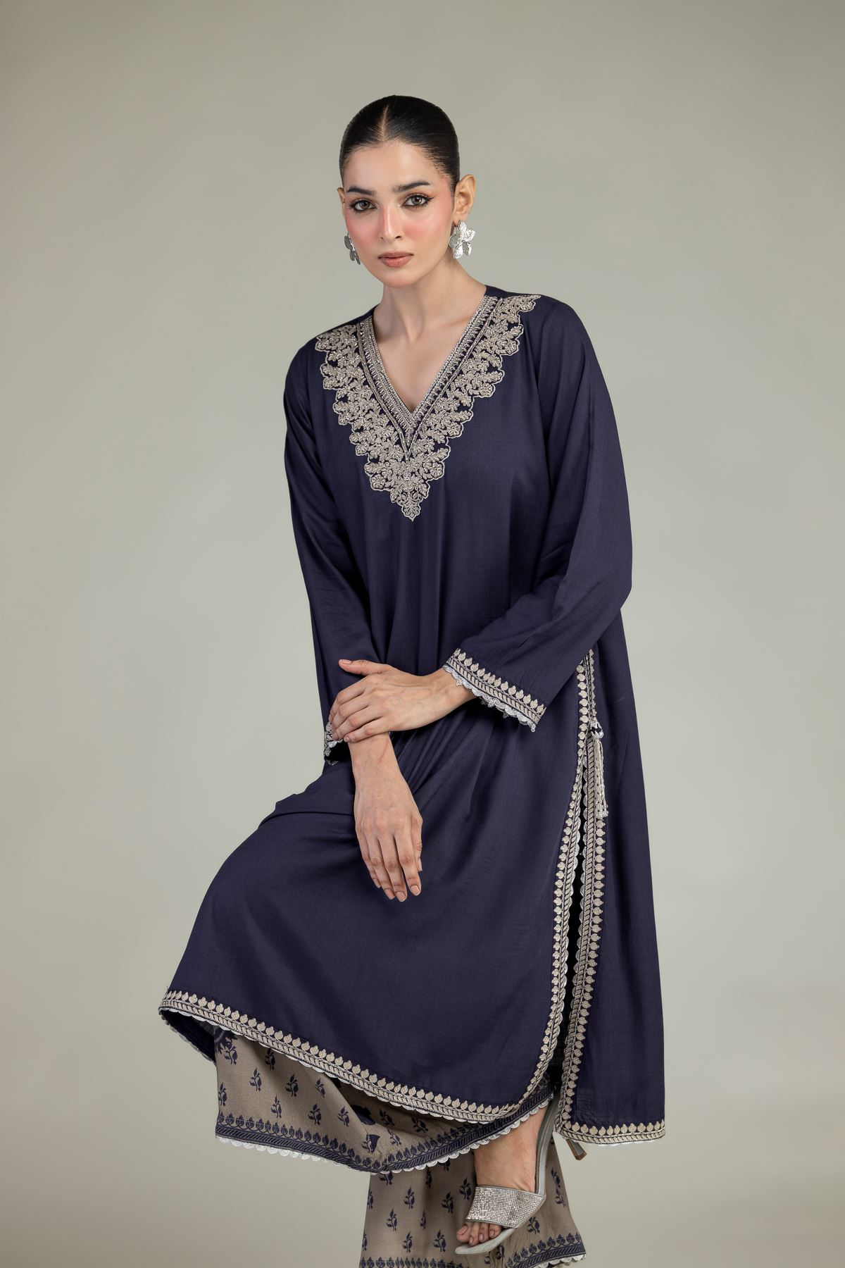 Embroidered Raw Silk Navy V-Neck Kurta - 2-26-203-A-B1-VG