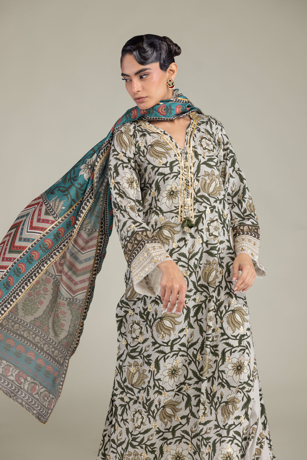 Embroidered Polyester Silk Floral Teal Dupatta - 2-26-308-A-G1-VG