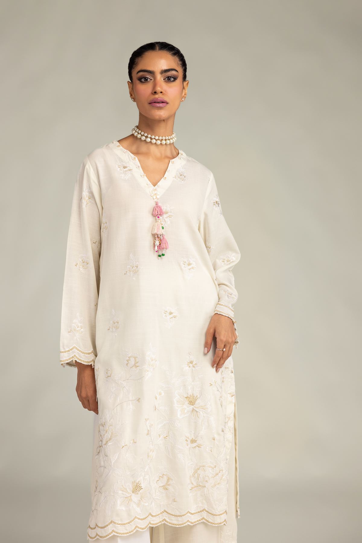 Embroidered Raw Silk Floral Longline Kurta - 1-26-322-B-A1-VG