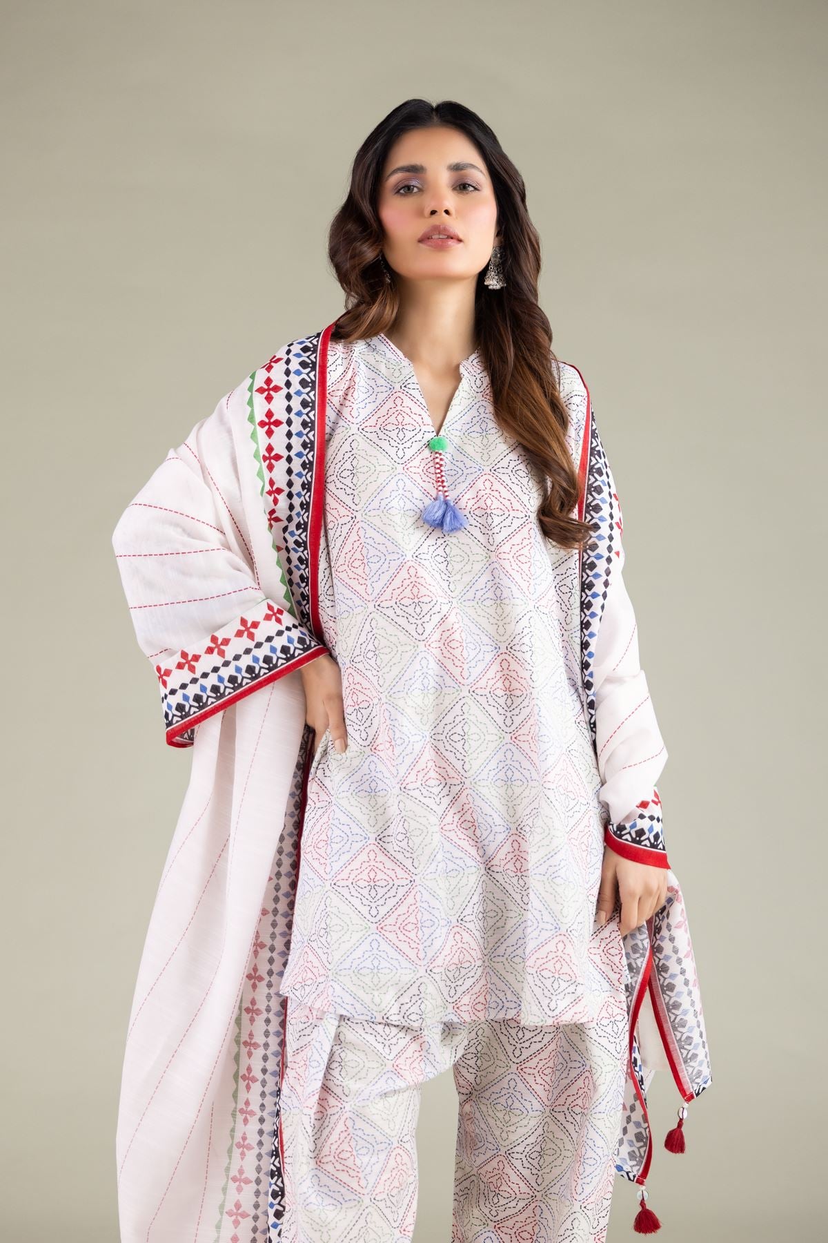 Embroidered Textured Cotton Geometric Tassel Kurta - T-A11-26-108FB1-VG