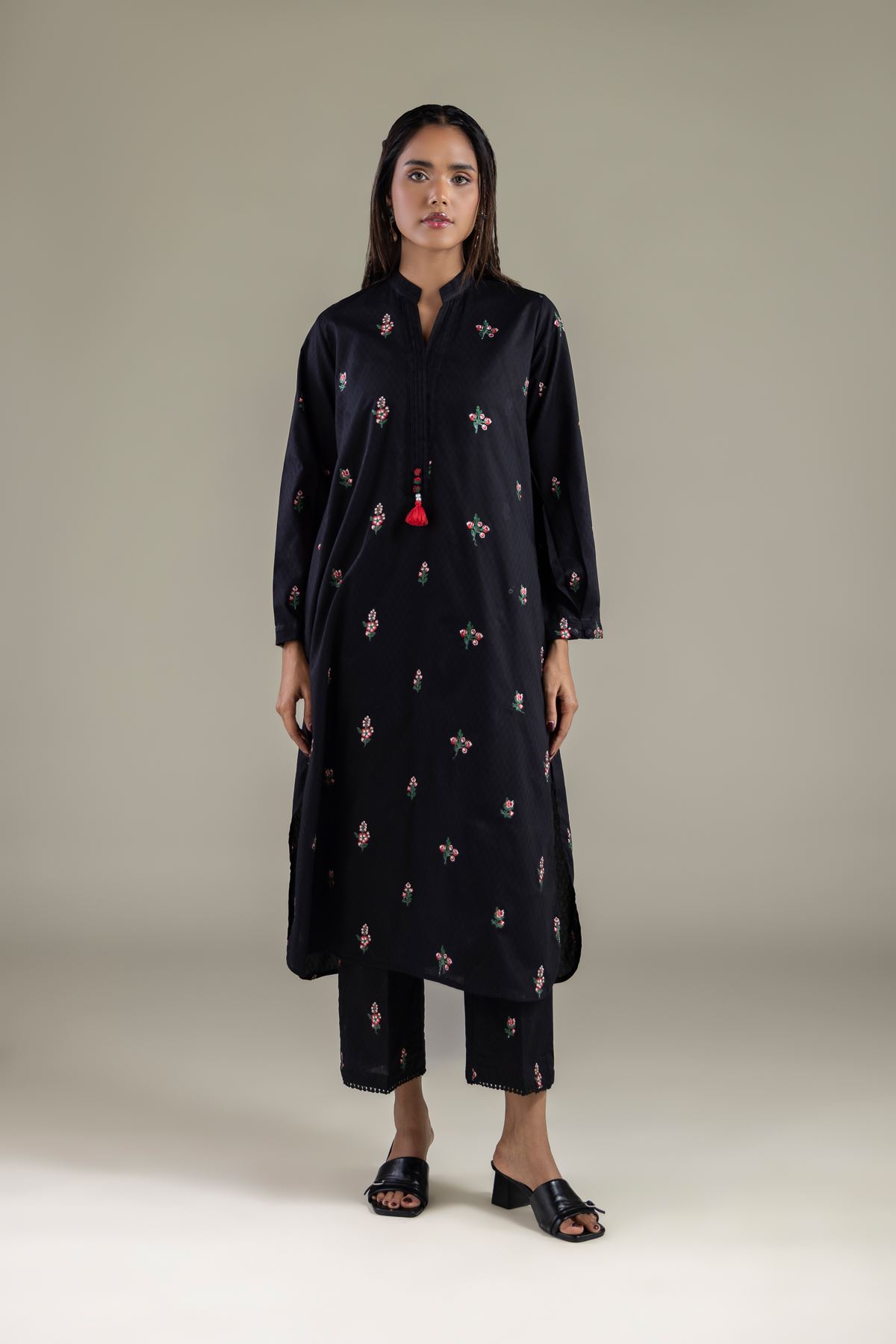 Embroidered Cotton Dobby Long Floral Kurta - 1-26-114-A-F-VG