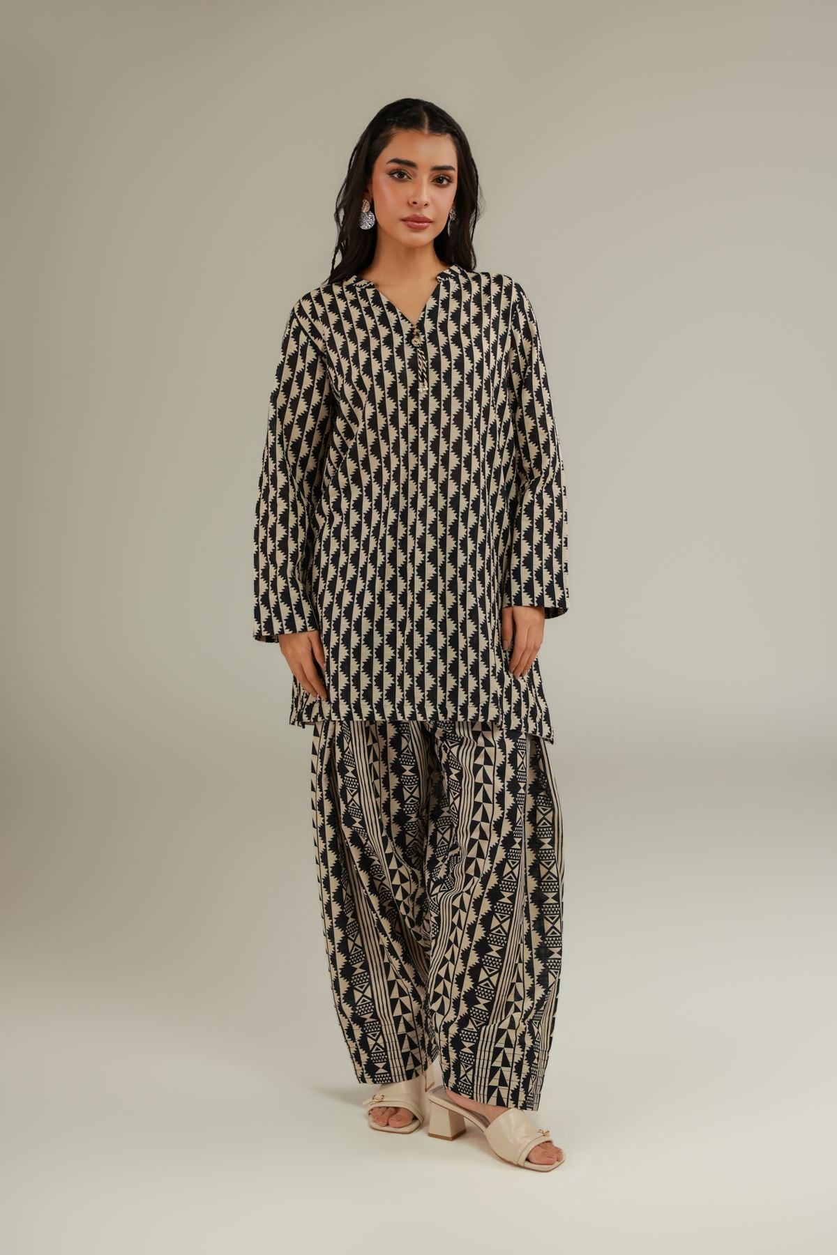 Printed Textured Cotton Relaxed Geometric Pants - 25-07-7E4-08TB-VG