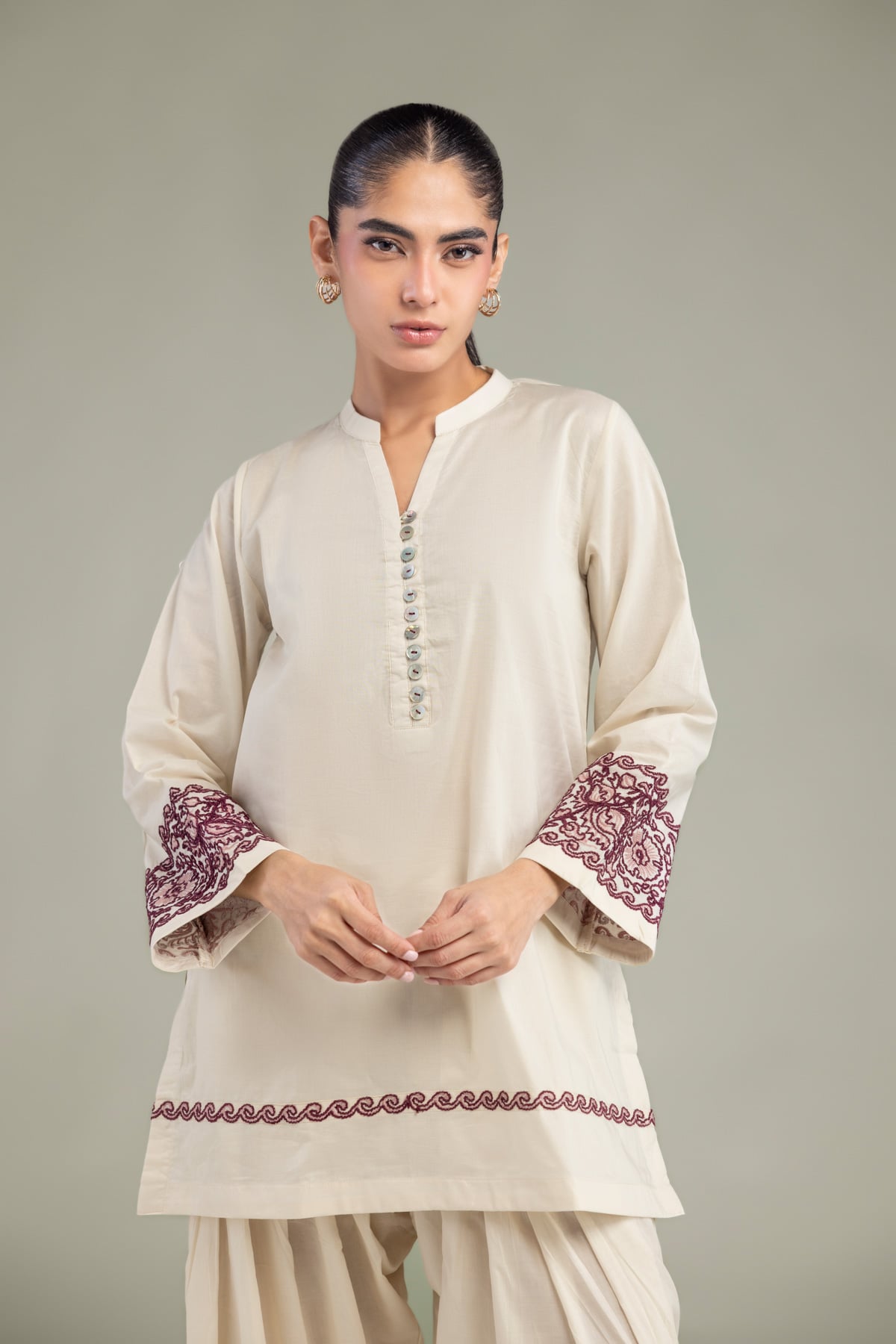 Embroidered Cambric V-Neck Cambric Kurta - 1-26-102-A-F-VG