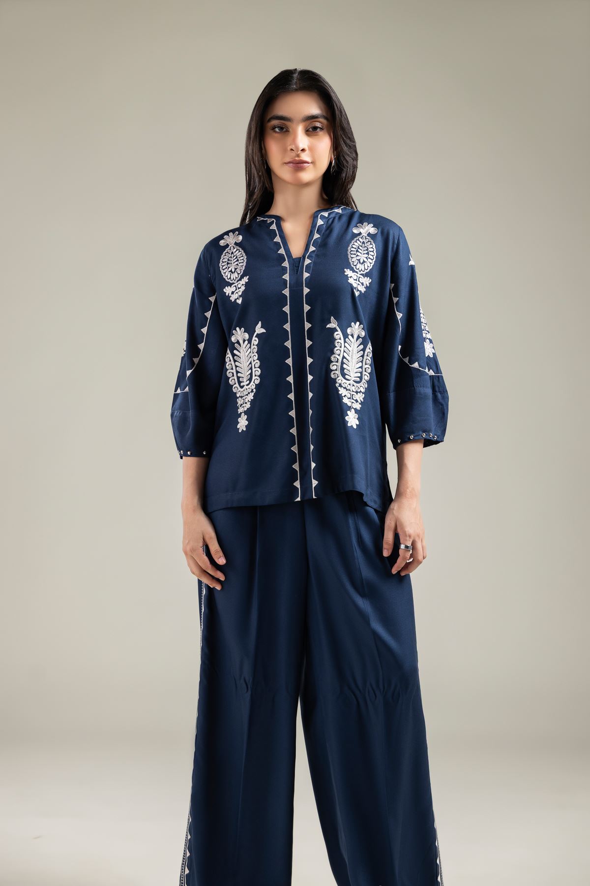 Embroidered Viscose Crepe Embroidered Navy Blouse - 1-26-142-A-D-VG