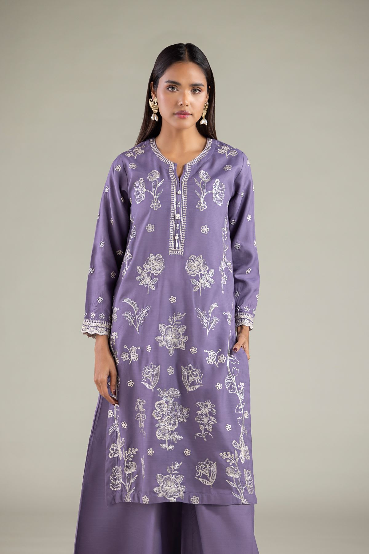 Embroidered Raw Silk Floral V-Neck Kurta - 2-26-102-A-H-VG
