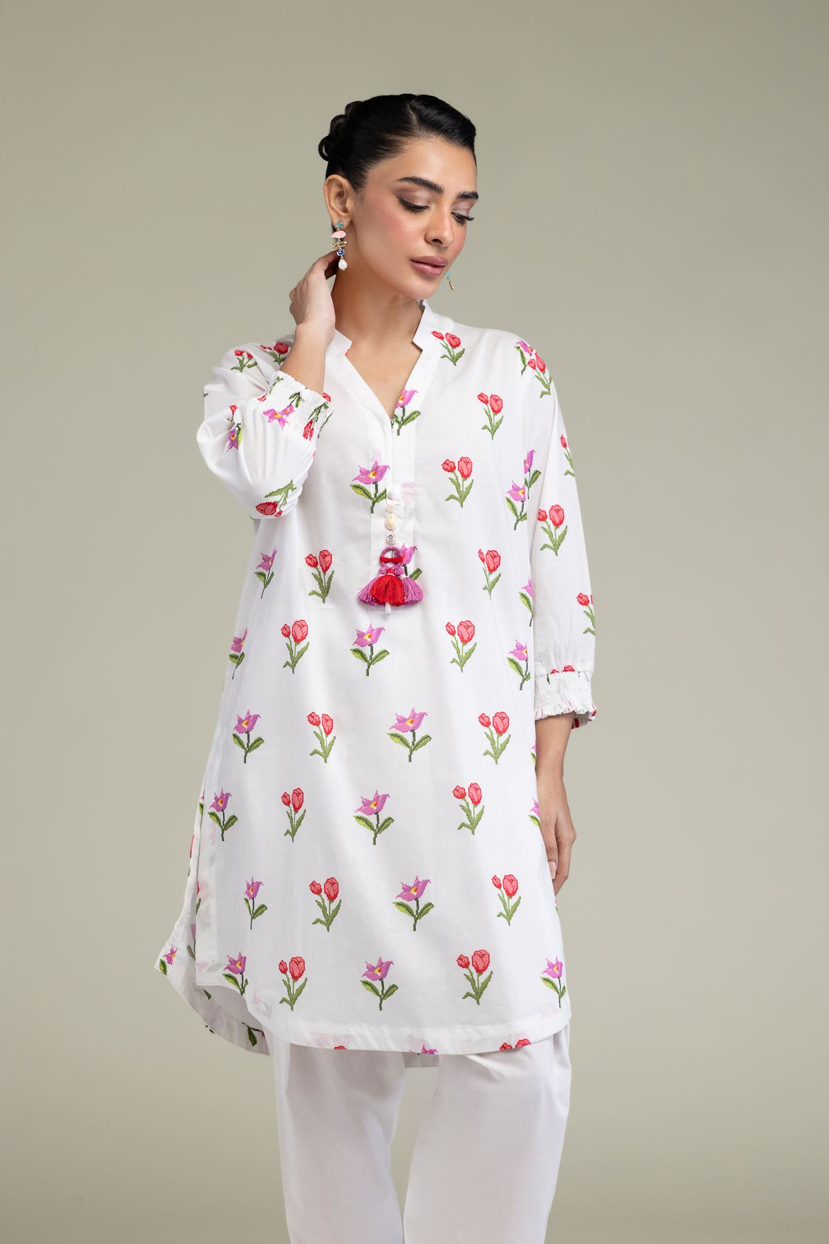 Printed Cambric White Cambric Kurta - 25-09-12E2-03TA-VG