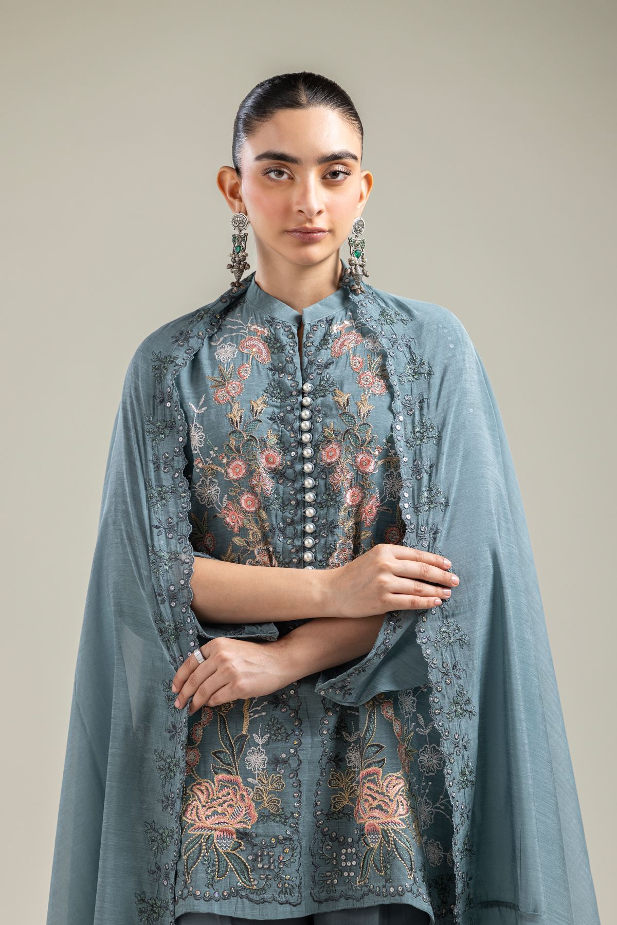 Paper Silk Floral Teal Dupatta - 2-26-202-A-G-VG