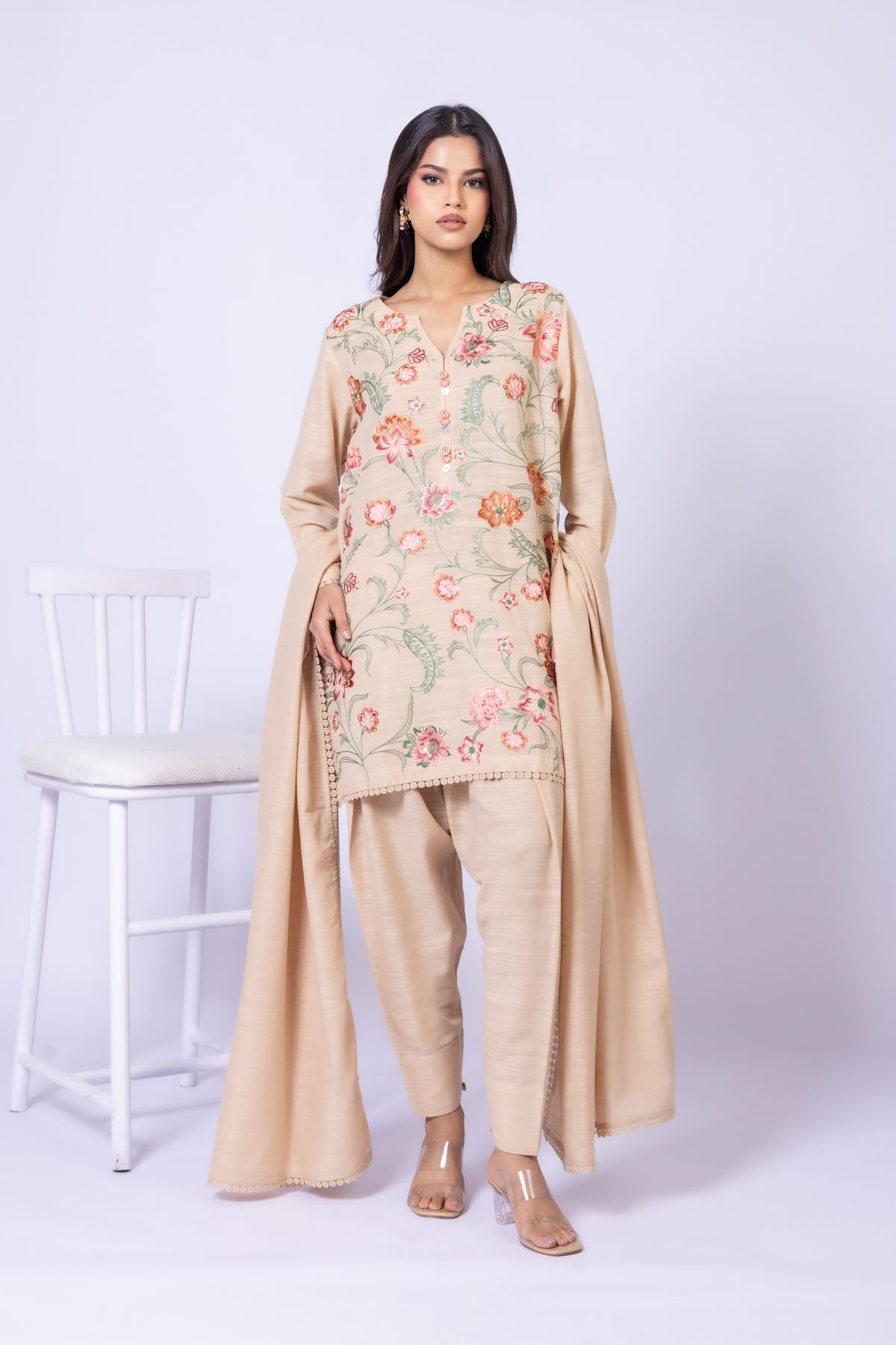 Embroidered Textured Cotton Kurta - 25-09-11E3-07TA-VG