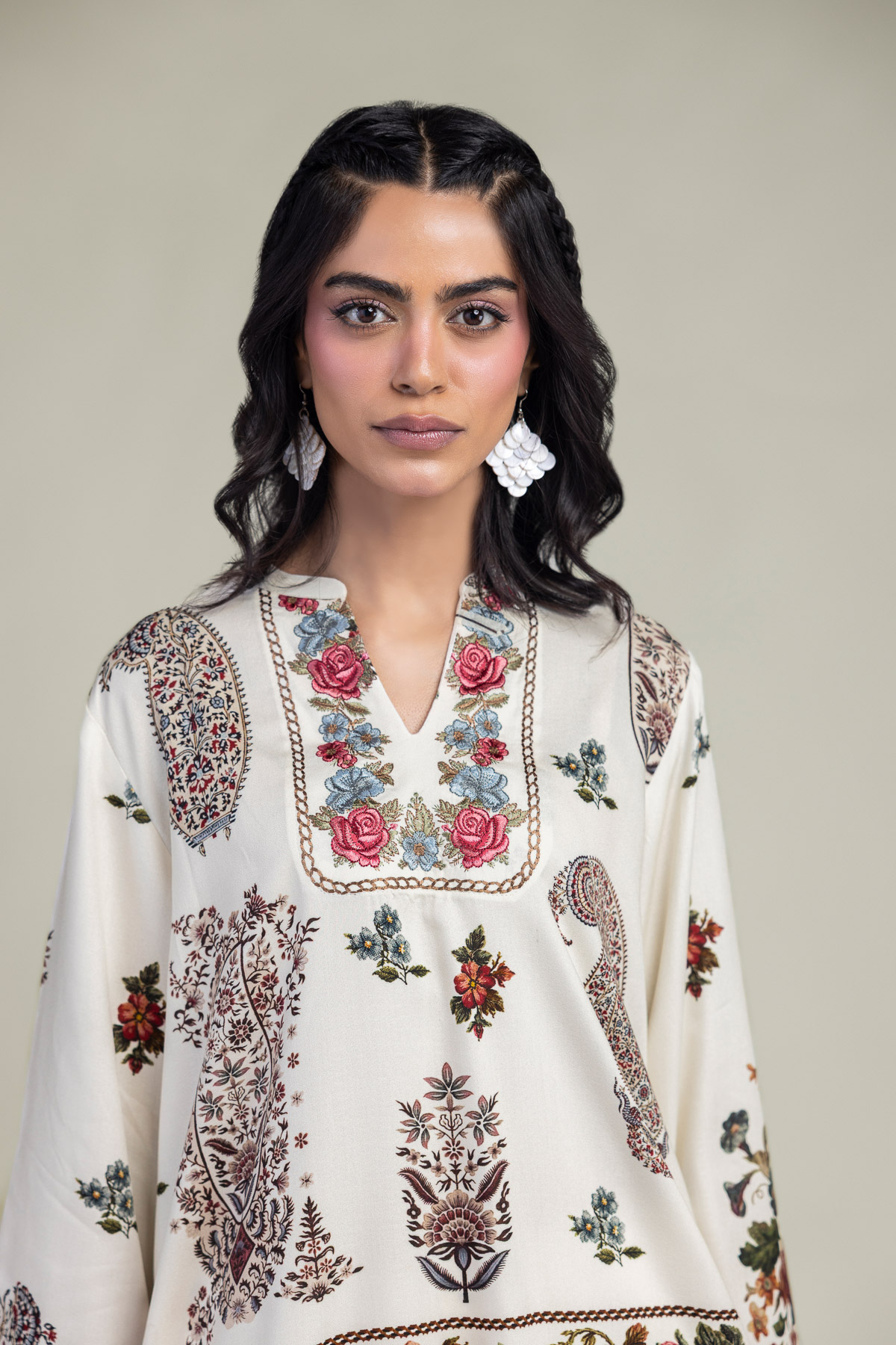 Embroidered Viscose Crepe Floral V-Neck Shirt - 1-26-229-B-F1-VG