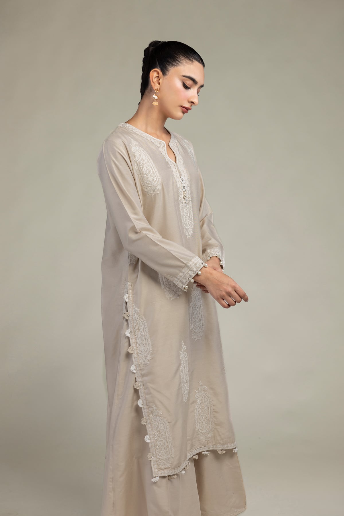 Embroidered Raw Silk Paisley Beige  Kurta - T-A33-26-204FB1-VG