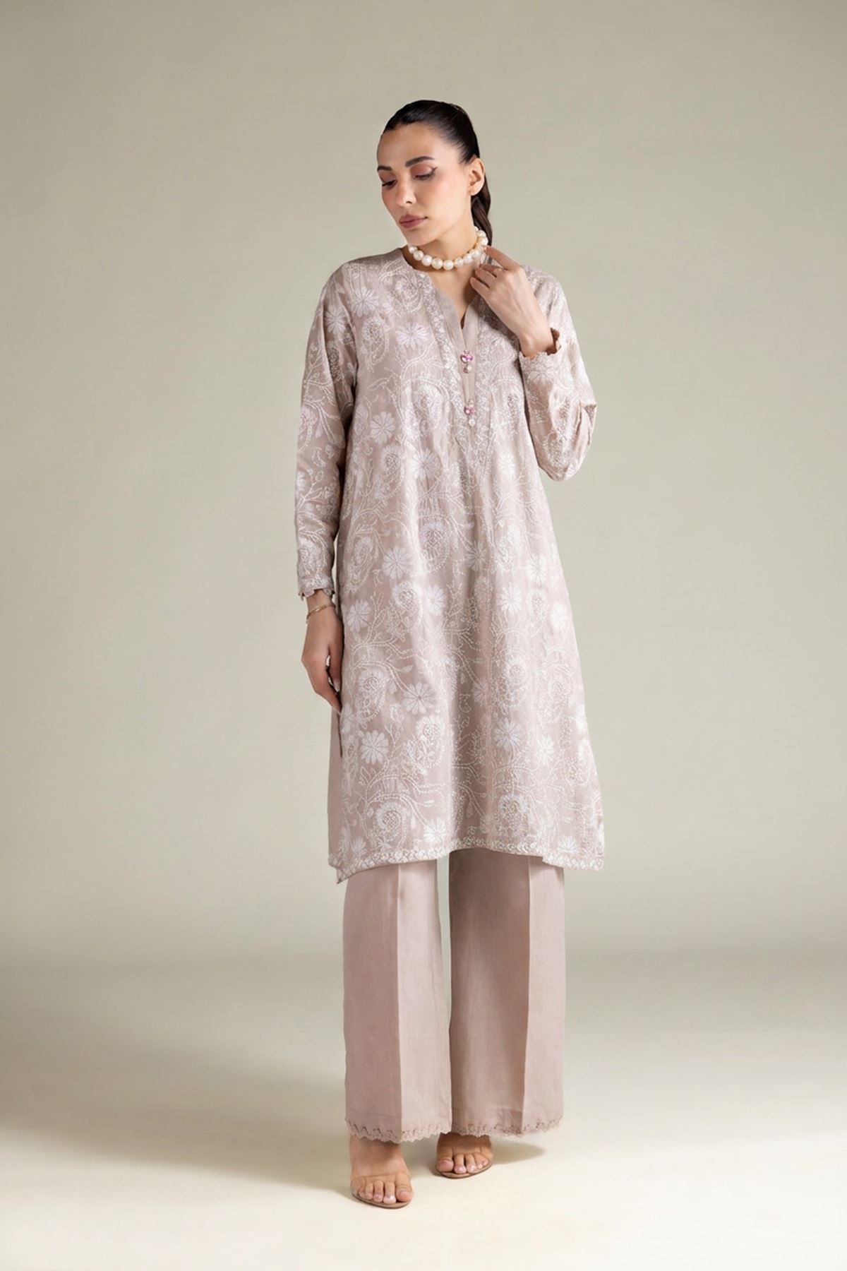 Embroidered Textured Cotton Tailored 2 Piece | Top and Bottom - T-A22-26-207FE2-VG