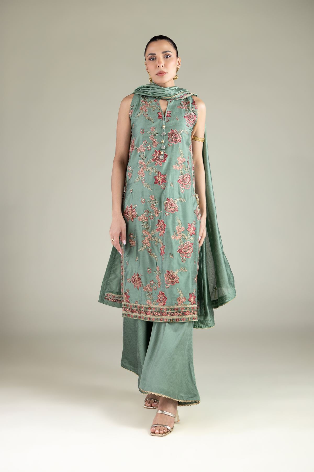 Embroidered Raw Silk Summer Relaxed Pants - 2-26-101-A-B-VG