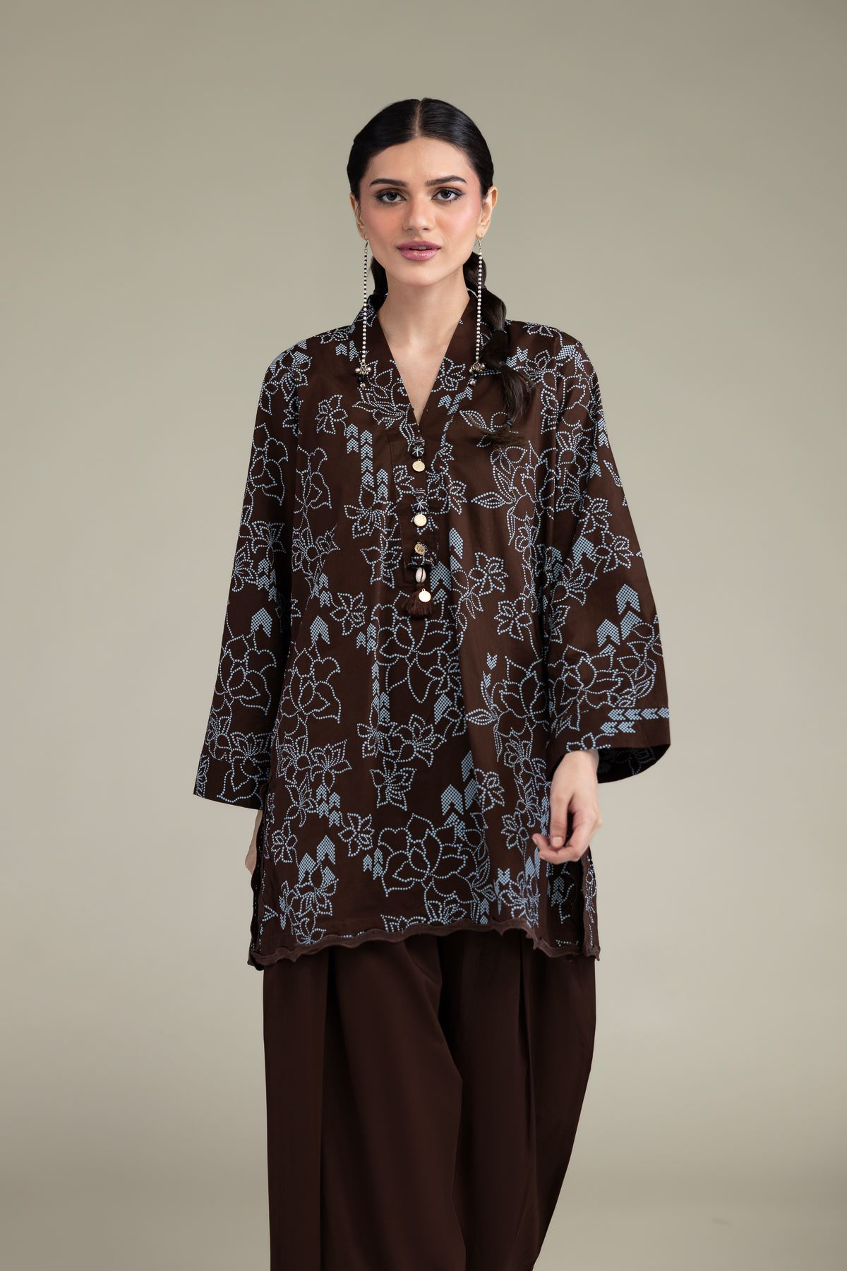 Printed Cambric Brown V-Neck Kurta - 1-26-231-A-D1-VG