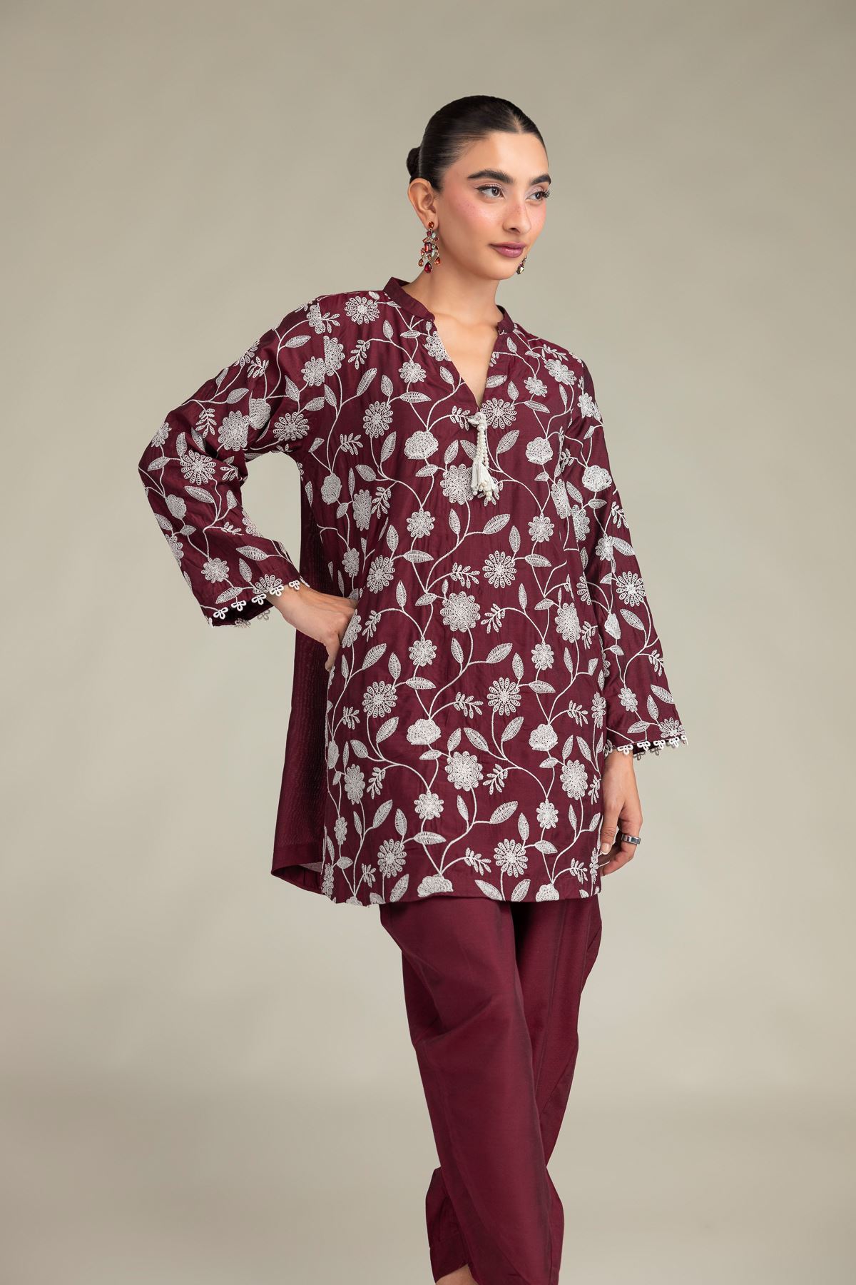 Printed Raw Silk Floral Maroon Kurta - 1-26-244-A-D1-VG