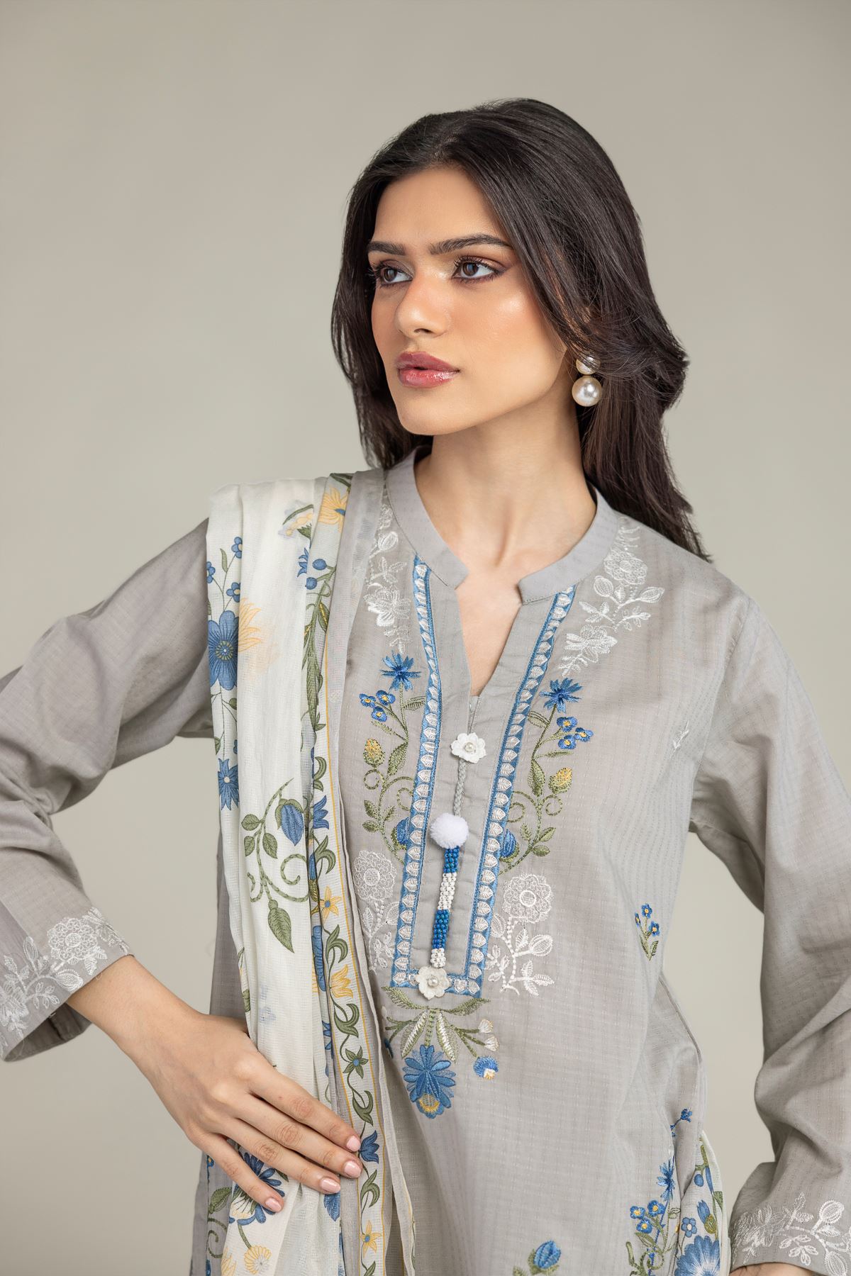 Embroidered Cotton Net Gray Floral Dupatta - 1-26-225-A-C1-VG