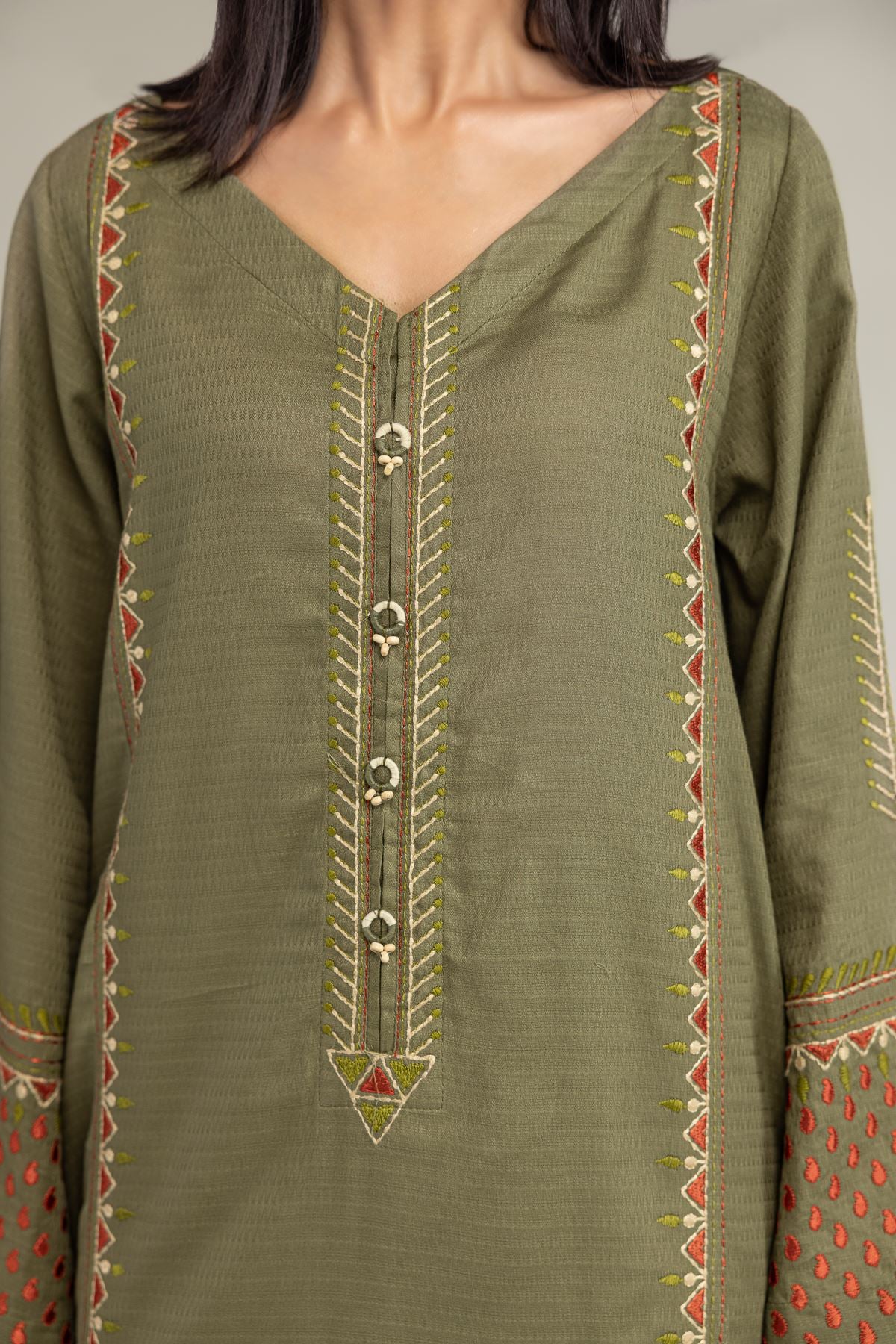 Embroidered Cotton Dobby Olive V-Neck Kurta - T-A33-26-207FD1-VG
