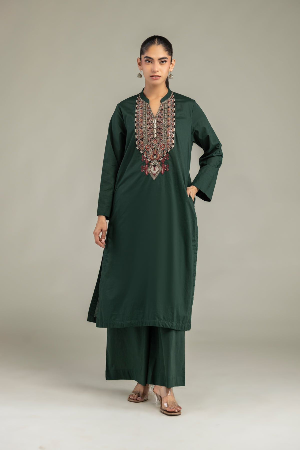 Embroidered Cambric Solid Green Pants - 1-26-102-A-F-VG