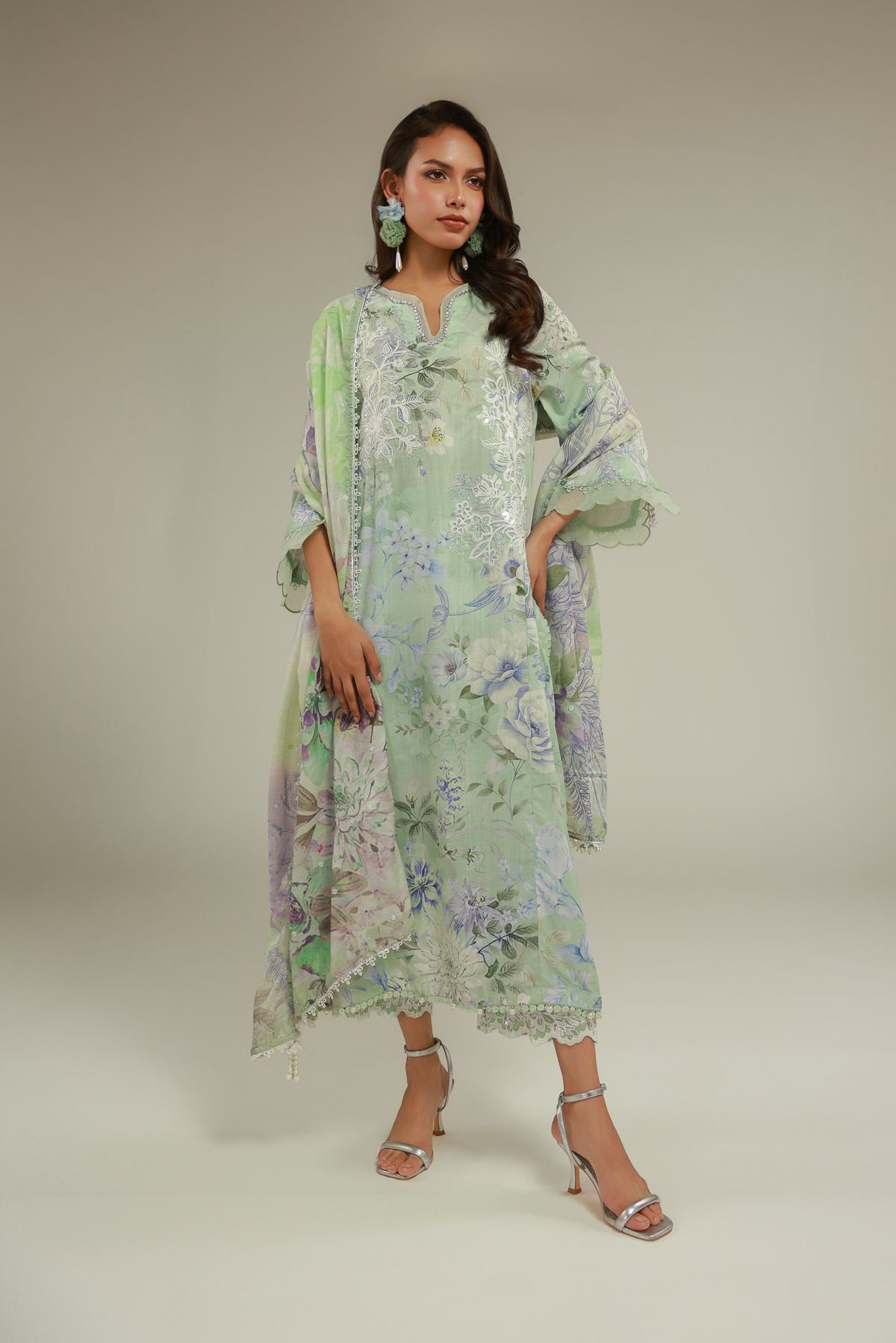 Embroidered Raw Silk Floral 3-Piece Set - T-A22-26-113FC1-VG
